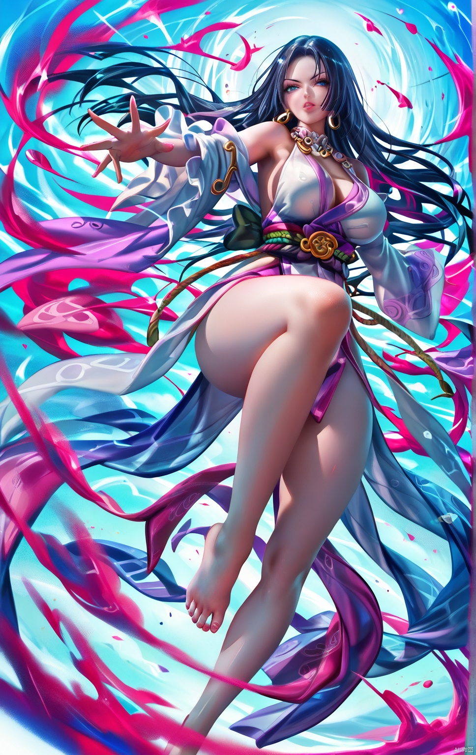 Boa hancock,close-up,foot focus, 1girl,huge_breasts,looking_at_viewer,tiptoes,fighting_stance,bents knees, long hair,expressive_clothes,slutty clothes,wide_sleeves,reaching arm,barefoot, plasma splatter,Energy Blast,slashing,,masterpiece, best quality, absurdres, newest, very aesthetic, amazing quality,highres,sensitive,score_9score_8_up score_7_up Sakimi chan