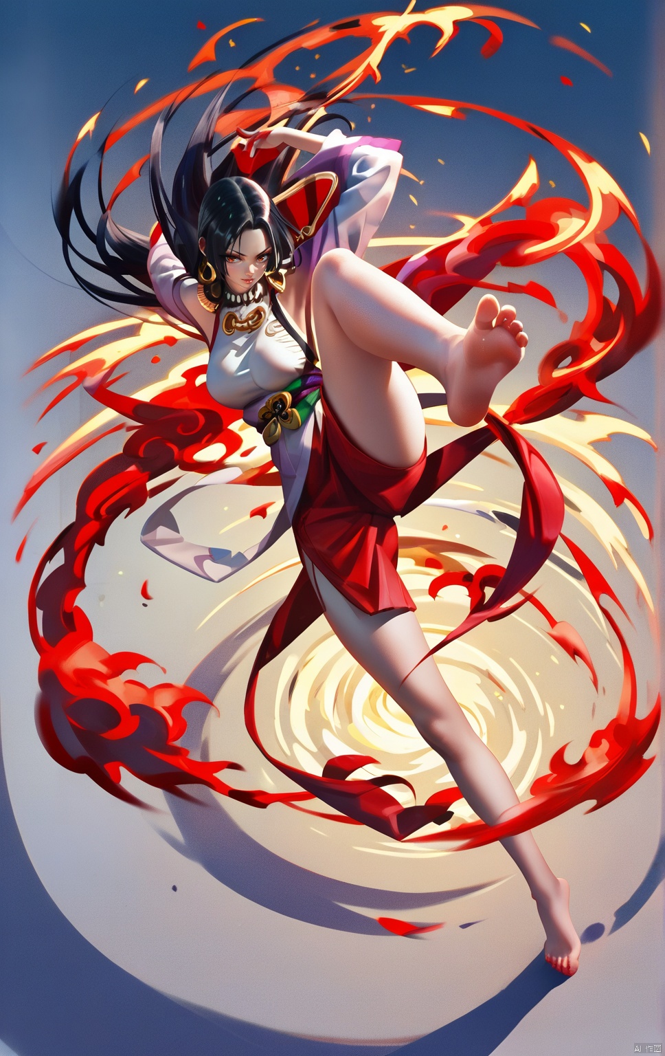 (masterpiece, best quality, ), slum background, Boa Hancock. from above, barefoot, foot focus, high kick with a trail of red fire,long black hair, standing on one leg,  red lighting, (anime coloring:0.3),score_9_up score_8_up score_7_up score_6_up