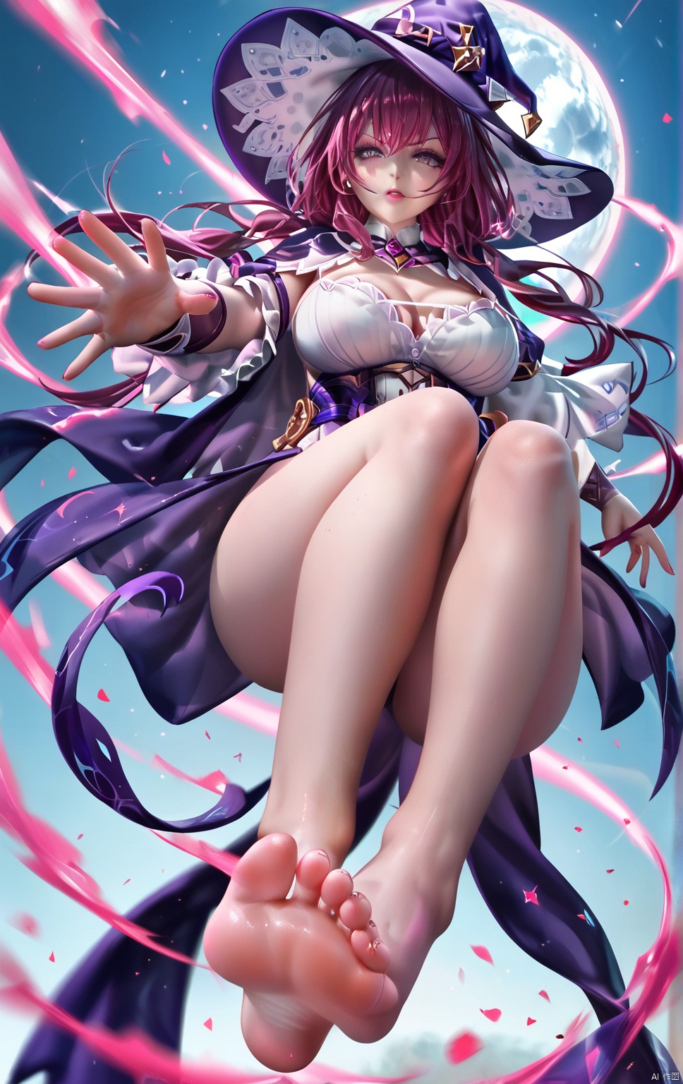 john kafka,close-up,foot focus, 1girl,huge_breasts,looking_at_viewer,tiptoes,fighting_stance,bents knees, witch_hat,expressive_clothes,slutty clothes,wide_sleeves,reaching arm,barefoot, plasma splatter,Energy Blast,slashing,,masterpiece, best quality, absurdres, newest, very aesthetic, amazing quality,highres,sensitive,score_9score_8_up score_7_up Sakimi chan
