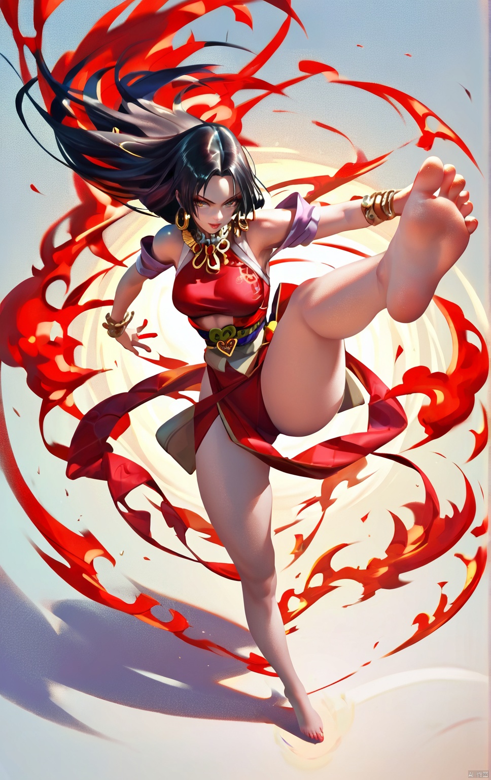 (masterpiece, best quality, ), slum background, Boa Hancock. from above, barefoot, foot focus, high kick with a trail of red fire,long black hair, standing on one leg,  red lighting, (anime coloring:0.3),score_9_up score_8_up score_7_up score_6_up