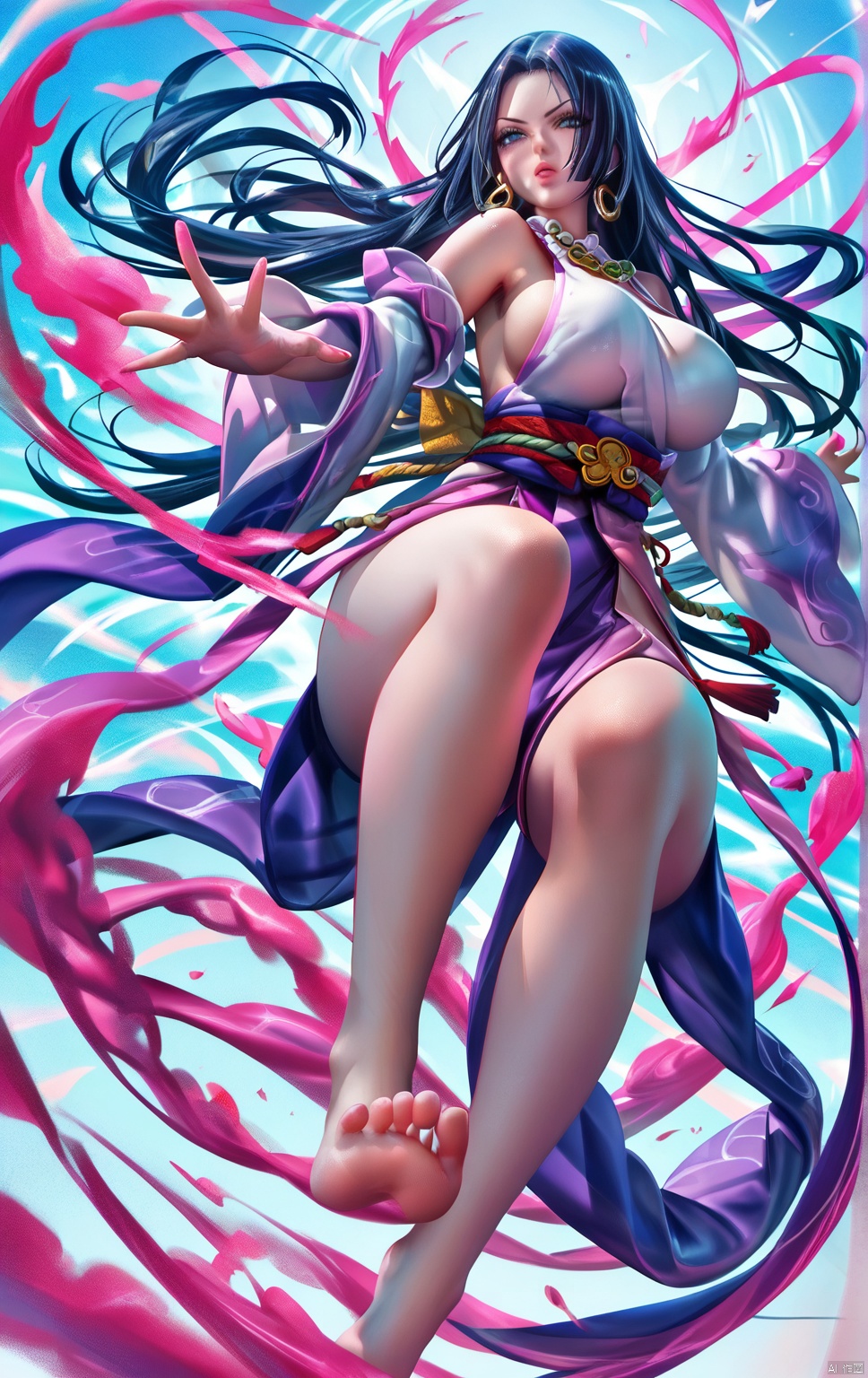 Boa hancock,close-up,foot focus, 1girl,huge_breasts,looking_at_viewer,tiptoes,fighting_stance,bents knees, long hair,expressive_clothes,slutty clothes,wide_sleeves,reaching arm,barefoot, plasma splatter,Energy Blast,slashing,,masterpiece, best quality, absurdres, newest, very aesthetic, amazing quality,highres,sensitive,score_9score_8_up score_7_up Sakimi chan