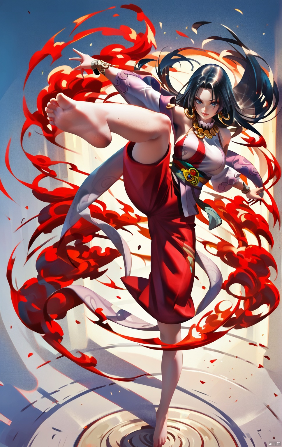 (masterpiece, best quality, ), slum background, Boa Hancock. from above, barefoot, foot focus, high kick with a trail of red fire,long black hair, standing on one leg,  red lighting, (anime coloring:0.3),score_9_up score_8_up score_7_up score_6_up