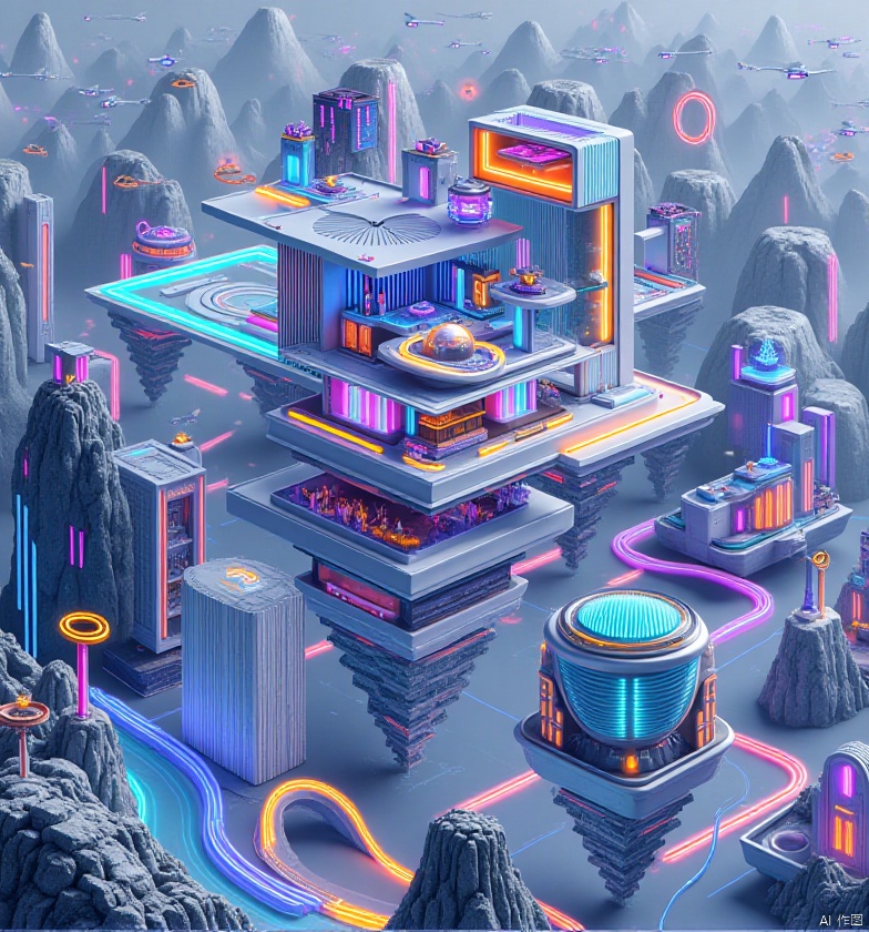 A house floating in the sky, made of glass and silvery metal, suspended above a utopian paradise reminiscent of Zhangjiajie's mountains., Cyberpunk Fantasy