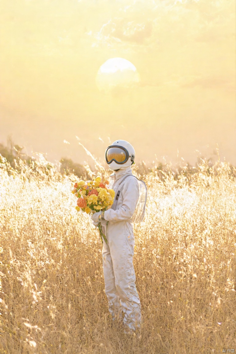nuan2015,IMG_1045,masterpiece,best quality, high quality,8k,highres,
a person dressed in a white jumpsuit, adorned with a helmet and goggles, is holding a bouquet of yellow and orange flowers. The person is standing in a field of tall, dry grass, with the sun setting in the background. The sky is a muted yellow, with a few wispy clouds, adding a touch of warmth to the scene.


