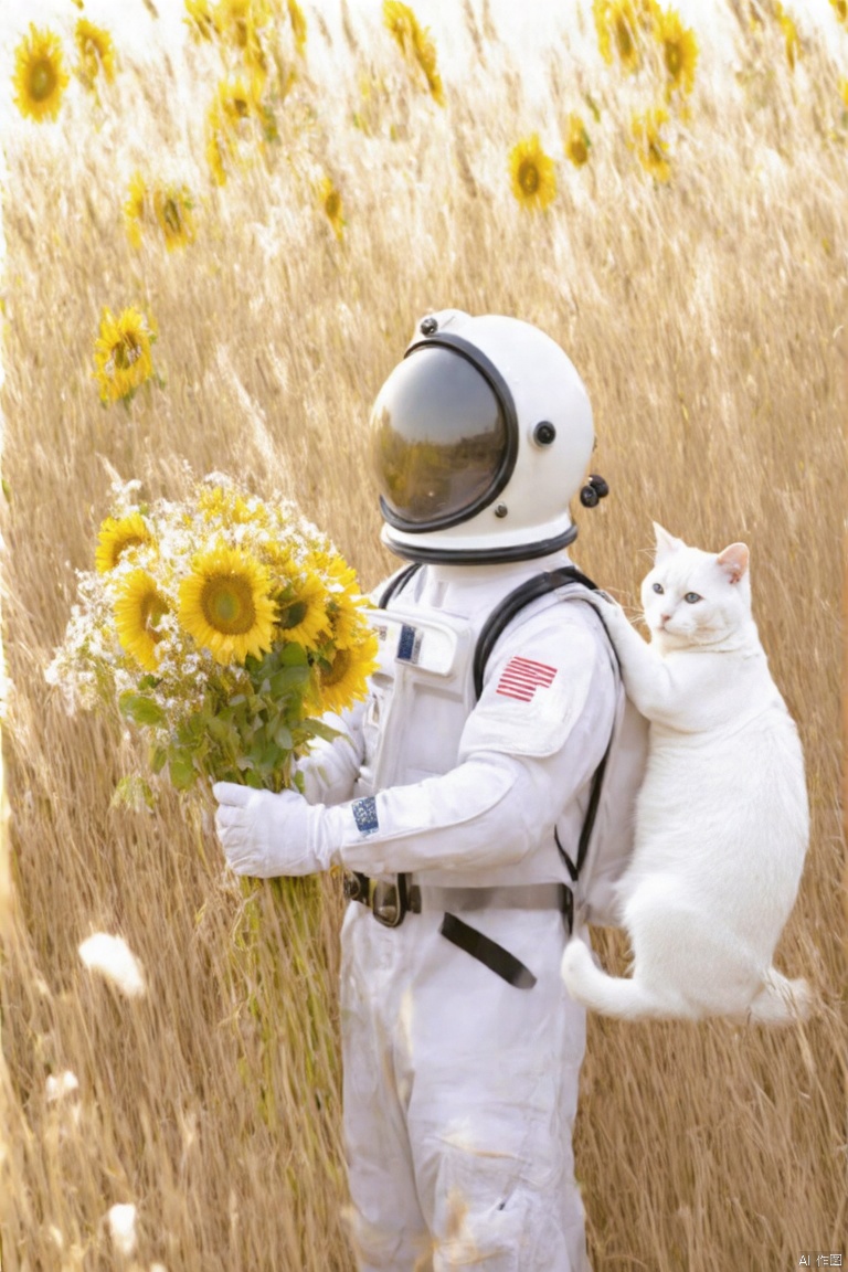 nuan2015,IMG_1045,masterpiece,best quality, high quality,8k,highres,
a astronaut dressed in a white suit and helmet, is holding a bouquet of sunflowers in his right hand. The astronaut's suit is adorned with a black belt around his left wrist, adding a touch of warmth to the scene. The backdrop, a field of dried grass, is a stark contrast of yellow and brown, with a few patches of white. A white cat is perched on the right arm of the astronaut.


