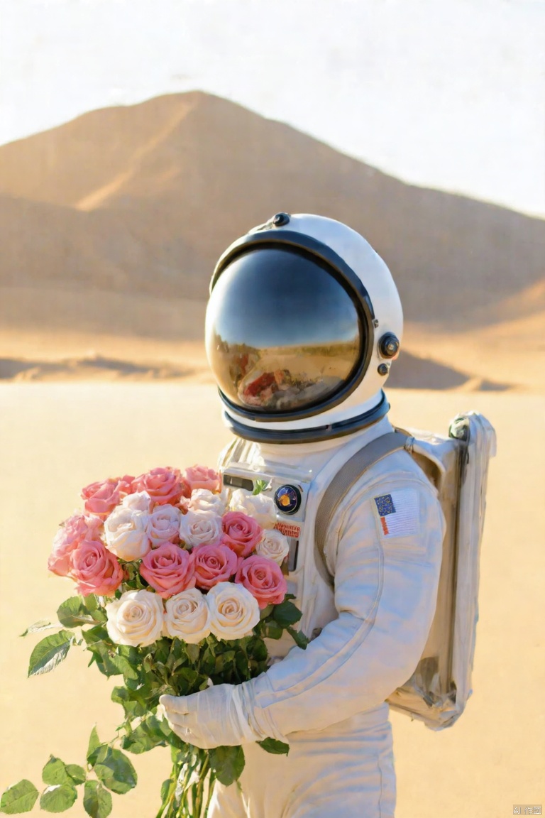 nuan2015,IMG_1045,masterpiece,best quality, high quality,8k,highres,
a astronaut dressed in a white space suit, is holding a bouquet of pink and white roses. The astronaut's helmet is adorned with a black rim and a black face shield. The backdrop of the astronaut's suit is a vast expanse of brown sand, with a mountain range in the distance.

