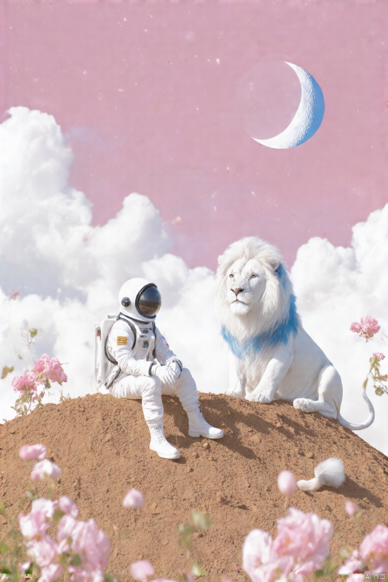 nuan2015,IMG_1045,masterpiece,best quality, high quality,8k,highres,
a cartoon depiction of a astronaut dressed in a white space suit, sitting on a brown dirt hill. The astronaut is wearing a helmet, a white glove, and white boots. The helmet is black with a black rim. To the right of the astronaut, a large white lion is sitting on the hill, its head turned to the right. The lion's fur is a mix of white and blue, and its eyes are open. The backdrop is a deep pink, with white clouds, and a blue moon in the sky. The moon is in the upper right corner of the frame, and the moon is partially visible in the top left corner. There are pink flowers in the foreground, adding a pop of color to the scene.




