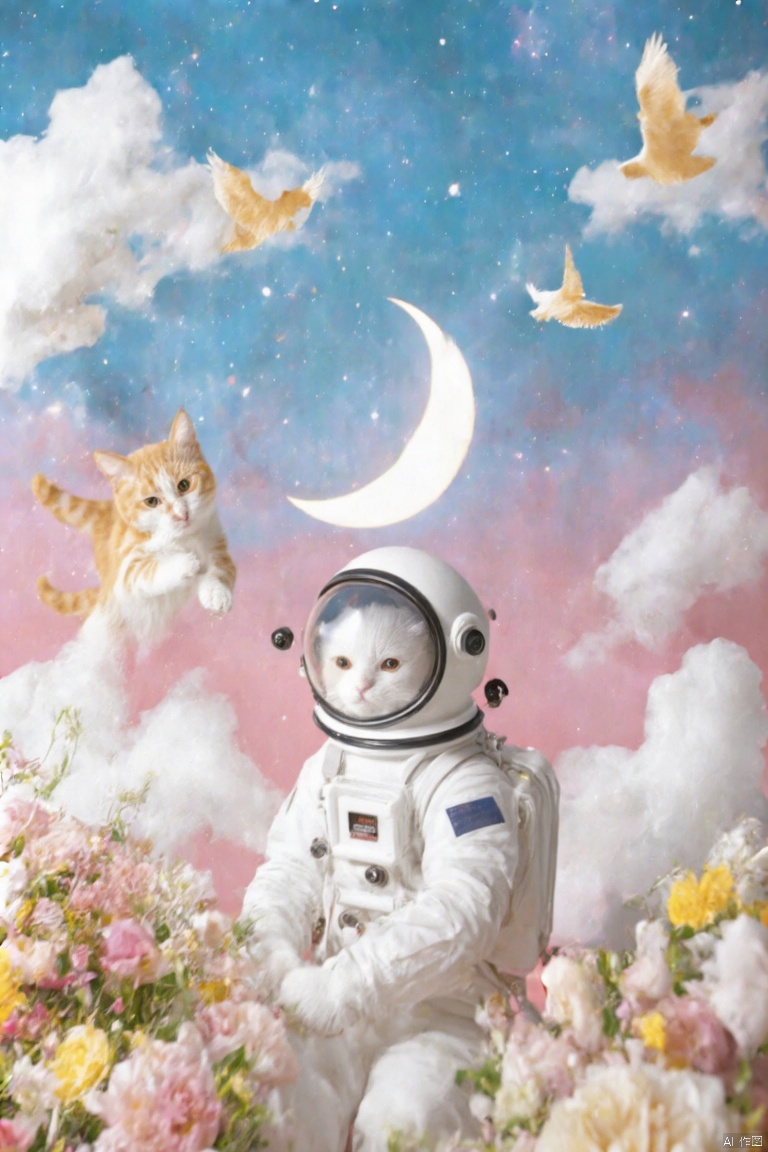 nuan2015,IMG_1045,masterpiece,best quality, high quality,8k,highres,
a white astronaut, dressed in a white suit, is adorned with a black helmet. The astronaut is surrounded by a bouquet of pink and yellow flowers, adding a pop of color to the scene. The backdrop, a soft pink hue, is a backdrop of a clear blue sky with a crescent moon, dotted with fluffy white clouds. A small orange and white cat is soaring across the sky, its head slightly tilted towards the right side of the frame.



