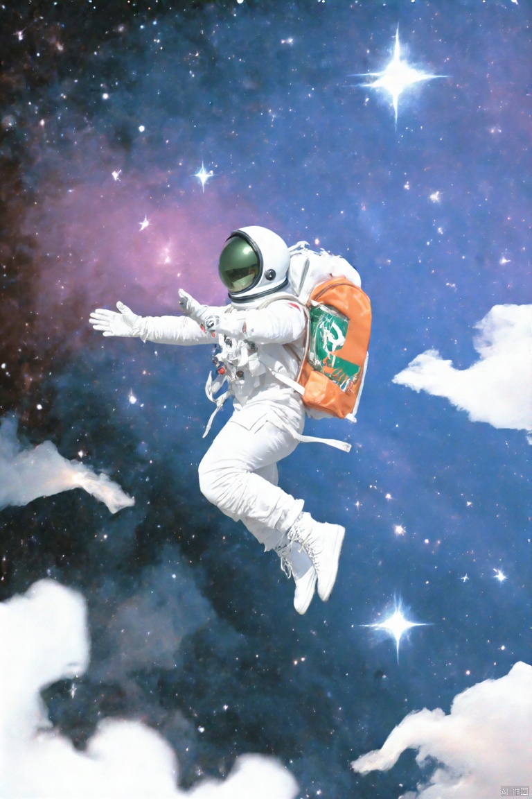 nuan2015,IMG_1045,masterpiece,best quality, high quality,8k,highres,
a full view of an astronaut in a white space suit, gliding through the air. The astronaut is wearing a white helmet, white gloves, and white boots, and has a backpack strapped to his back. The backpack is orange with a green design on it, and the astronaut's arms are outstretched. The background is a deep blue, with white stars dotting the sky. The sky is a vibrant shade of purple, with a few wispy clouds in the background, adding a pop of color to the scene.