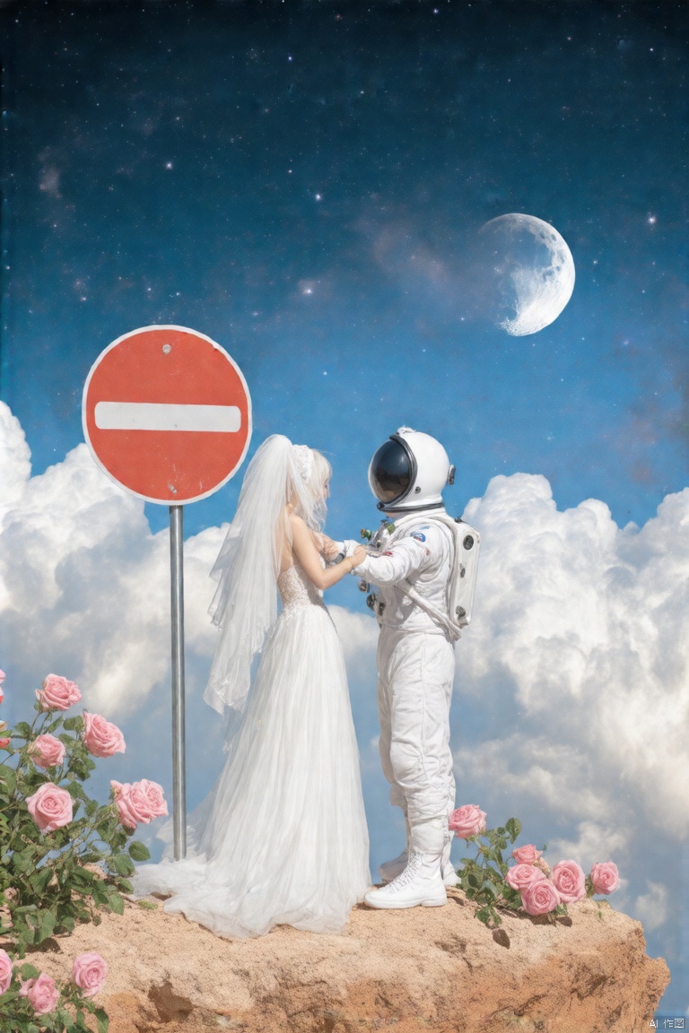 nuan2015,IMG_1045,masterpiece,best quality, high quality,8k,highres,
a woman in a white wedding dress, and a man in a space suit, are standing on a rocky cliff. The man, dressed in white, is holding the arm of the woman, who is dressed in a long white dress with a veil on her head. The woman, also wearing a white veil, is standing on the left side of the frame. The sign, a red circle with a white line in the middle, is attached to a silver pole. There are pink roses in front of the sign, adding a pop of color to the scene. The sky is a deep blue, with a few white clouds, and the moon is visible in the top right corner.

