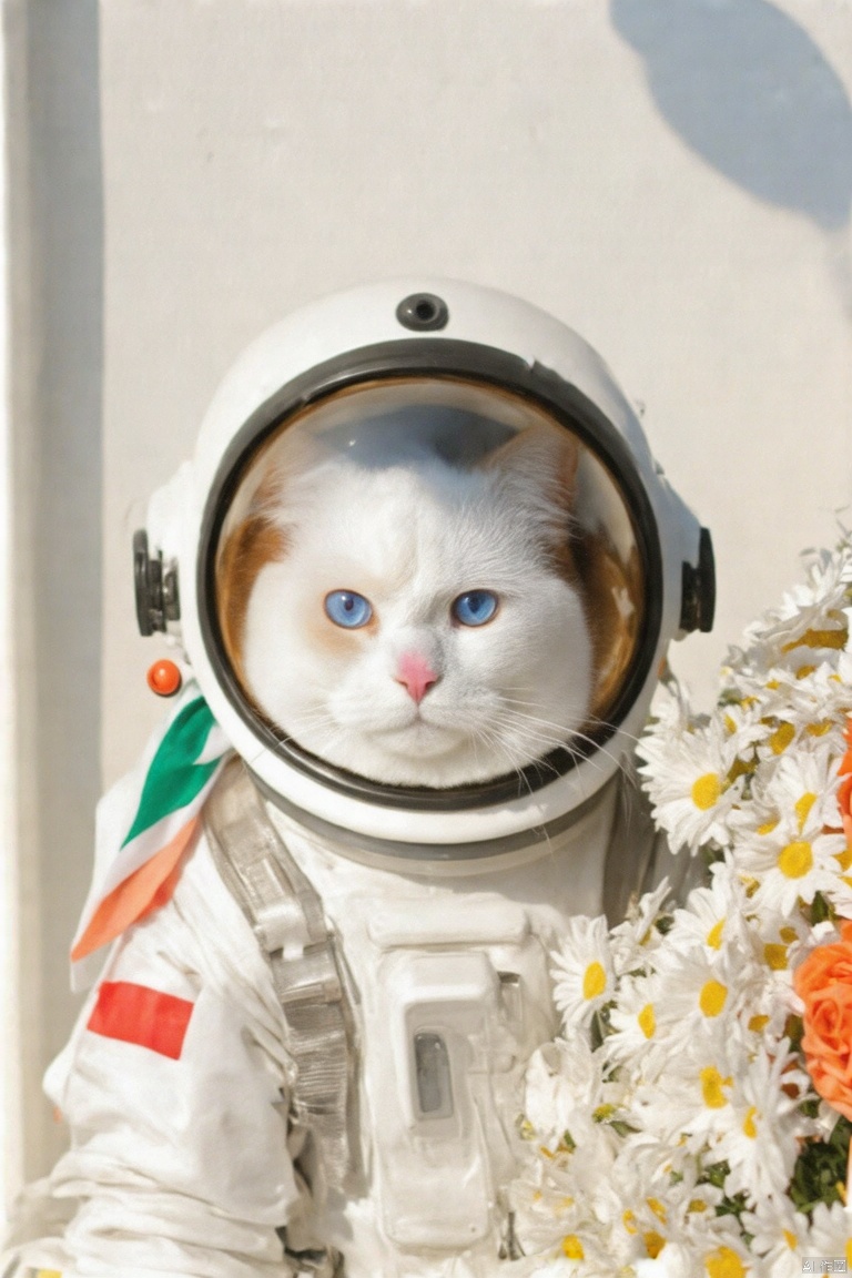 nuan2015,IMG_1045,masterpiece,best quality, high quality,8k,highres,
a close-up view of a white cat with blue eyes and pink nose is seen in a white space suit. The cat's fur is a mix of white and brown fur, and the cat's eyes are a piercing blue. The suit is adorned with a green and white scarf, and a white and red scarf, adding a pop of color to the scene. To the right of the cat, a bouquet of white daisies is adorned in orange and white flowers. The backdrop is a stark white wall, and its shadow is cast on the left side of the frame.

