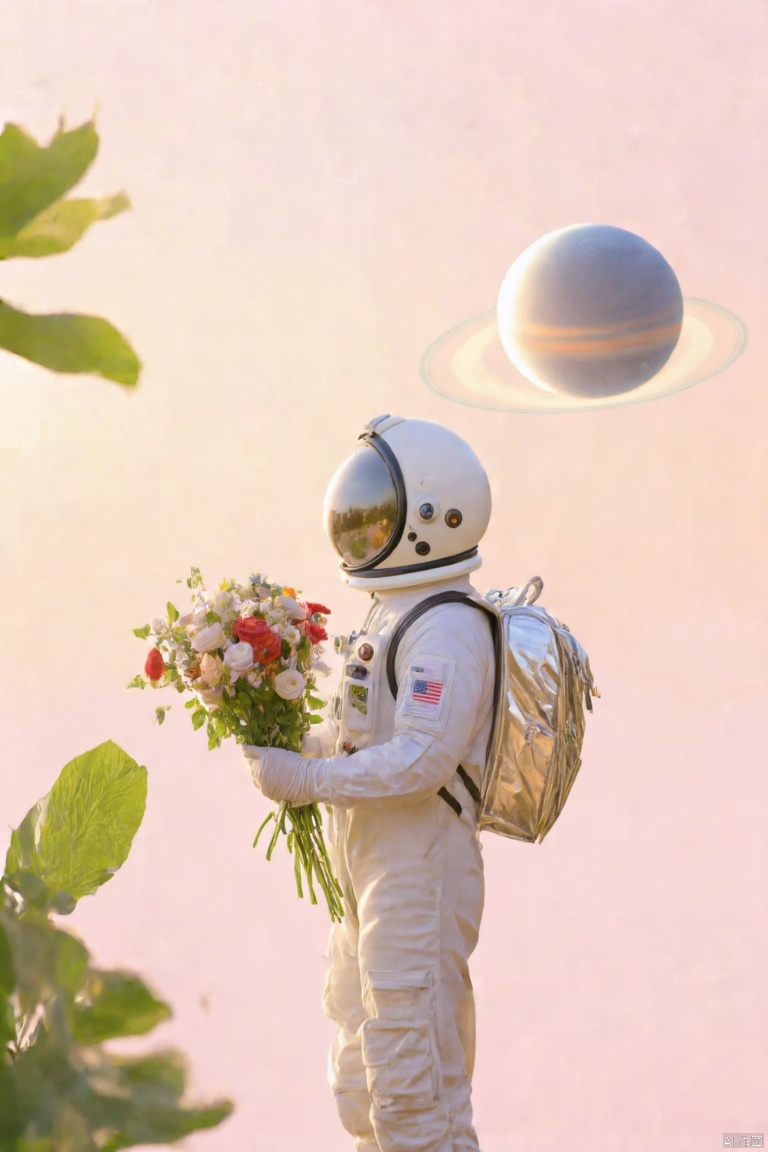 nuan2015,IMG_1045,masterpiece,best quality, high quality,8k,highres,
a astronaut dressed in a white space suit, is holding a bouquet of flowers in his left hand. The astronaut is wearing a white helmet with a white globe on top of it, and a silver backpack strapped to his right arm. The backdrop is a light pink, and there is a reflection of a planet in the upper right corner of the frame. There are green leaves in the bottom left corner, adding a touch of nature to the scene.

