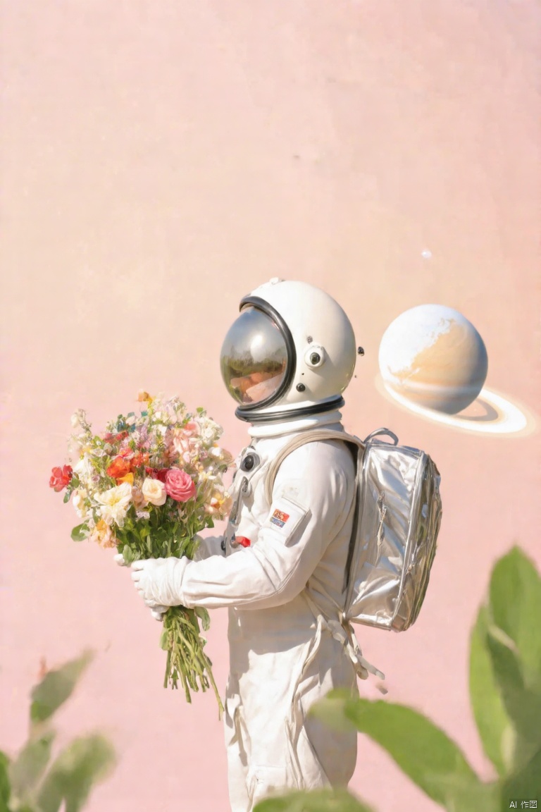 nuan2015,IMG_1045,masterpiece,best quality, high quality,8k,highres,
a astronaut dressed in a white space suit, is holding a bouquet of flowers in his left hand. The astronaut is wearing a white helmet with a white globe on top of it, and a silver backpack strapped to his right arm. The backdrop is a light pink, and there is a reflection of a planet in the upper right corner of the frame. There are green leaves in the bottom left corner, adding a touch of nature to the scene.

