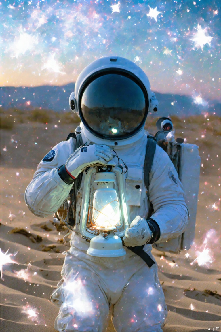 nuan2015,IMG_1045,masterpiece,best quality, high quality,8k,highres,
a full view of a astronaut, dressed in a white space suit, is holding a lantern in his hands. The astronaut's glove is adorned with a black belt, adding a pop of color to the otherwise monochromatic scene. The lantern is illuminated, creating a stark contrast to the astronaut's white suit. The backdrop, a sandy beach, is a backdrop of a starry sky, dotted with small white stars, adding depth to the composition.

