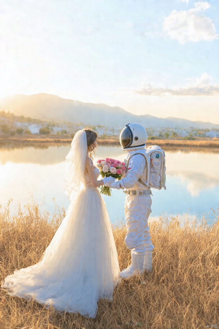 nuan2015,IMG_1045,masterpiece,best quality, high quality,8k,highres,
a bride and groom are standing on a dry grass field, facing a body of water. The bride, dressed in a white wedding dress, is holding a bouquet of pink and white roses, while the groom, wearing a white astronaut suit, is carrying a backpack on his back. He is wearing a helmet, white gloves, and a white belt. The backdrop, is a serene lake, with a mountain range in the distance. The sky is a light blue with a few wispy clouds, adding a touch of color to the scene.

