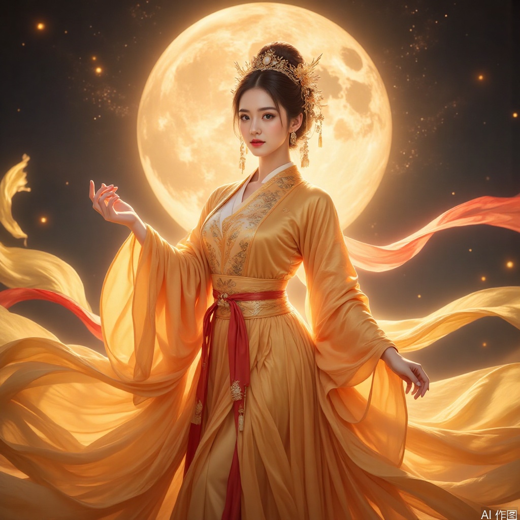 The woman in the picture is dressed in gorgeous ancient Chinese costumes, with a bright moon in the background, creating a classical atmosphere. Women's clothing includes exquisite headdresses, embroidered blouses and flowing shawls, showing the delicacy and elegance of traditional Chinese clothing. This style of clothing was common among court ladies or aristocratic women in ancient China and has a strong historical and cultural heritage.,A beauty in ancient China