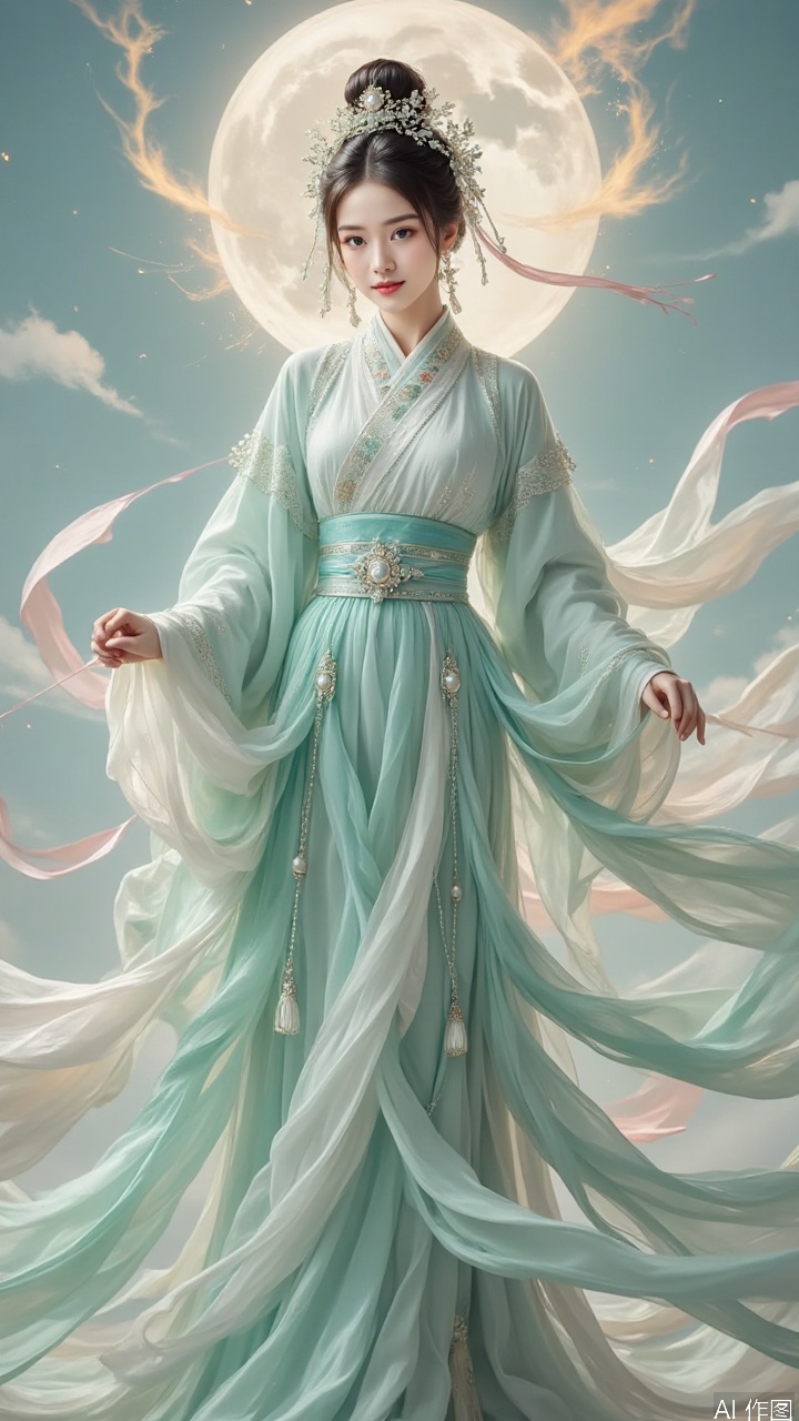 This is a full body picture of a girl. She is born with icy muscles and jade bones, her eyebrows are like distant mountains of indigo, and in a light sweep, they look like ink and wash blending; A pair of almond eyes, like glass soaked in moonlight, with a hint of light blush at the end of their eyes, looking forward like autumn water ripples. The nose bridge is as delicate as a jade carving, and the lips are like newly bloomed cinnabar peonies, with a hint of a cold smile before speaking. Her cheeks were as smooth as sheep fat jade wrapped in a thin cherry color, and her earlobes hung with a pair of pendants wrapped in tourmaline, reflecting a faint light as she walked lightly. Hairstyle and accessories: A "Nine Luan Moon Chasing Bunch" is made of green silk, with a triple cloud vortex pattern silver silk base wrapped around the top and center, and a diagonal insert in between: a "tired silk point emerald green Luan holding a pearl and swaying step by step": the tail feathers of the L,A beauty in ancient China