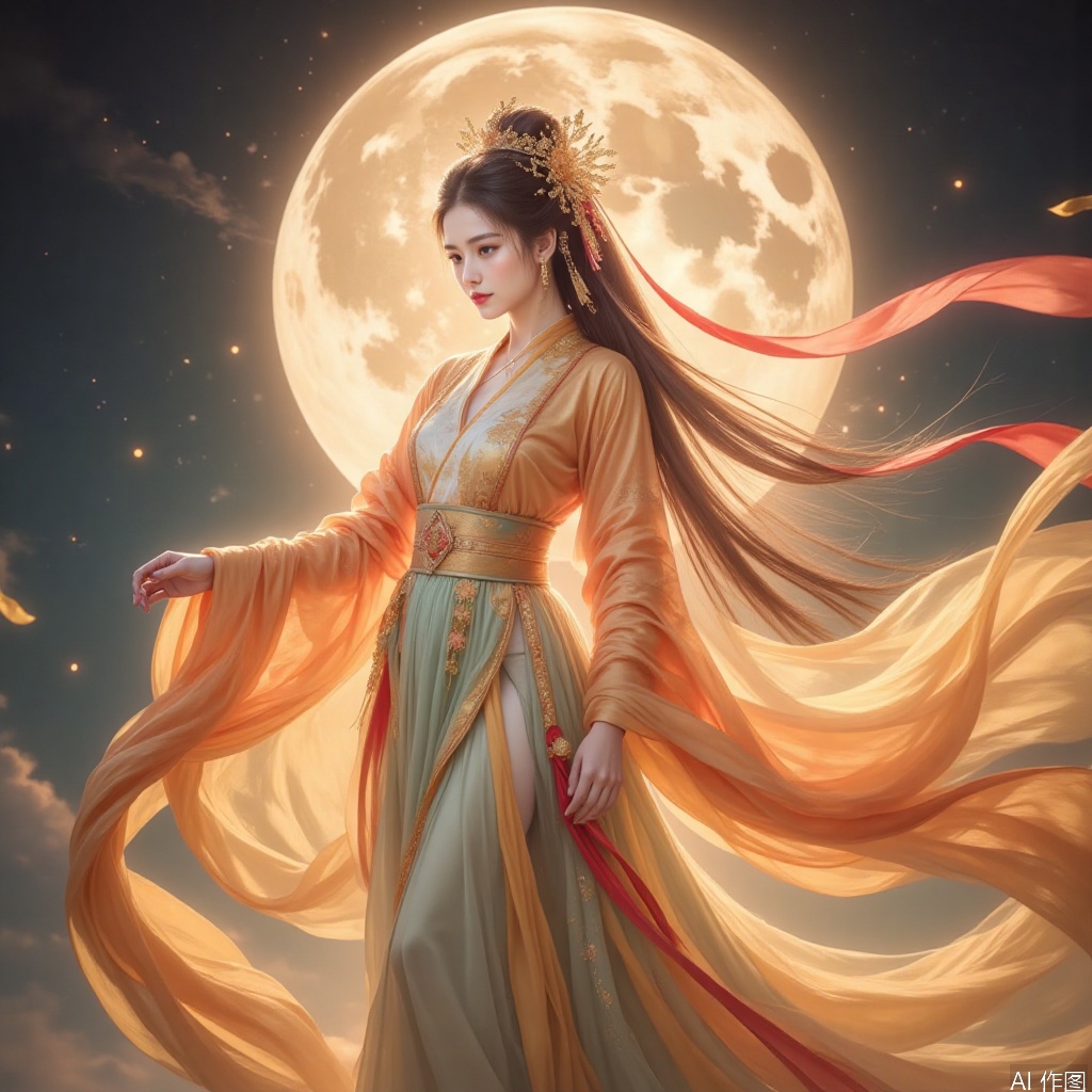 The woman in the picture is dressed in gorgeous ancient Chinese costumes, with a bright moon in the background, creating a classical atmosphere. Women's clothing includes exquisite headdresses, embroidered blouses and flowing shawls, showing the delicacy and elegance of traditional Chinese clothing. This style of clothing was common among court ladies or aristocratic women in ancient China and has a strong historical and cultural heritage.,A beauty in ancient China