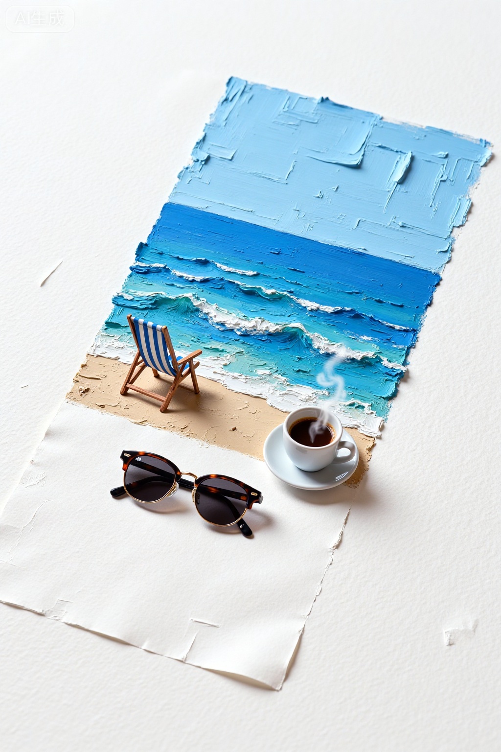 Oil painting style, 3D, micro landscape, thick coating, different thicknesses to create a three-dimensional sense, a tweak of centered oblique composition (blue), on blue (the sea, beach chair by the sea, a pair of sunglasses, and a cup of steaming coffee next to the sunglasses), a minimalist top view, large area of ​​white space, white textured paper background.