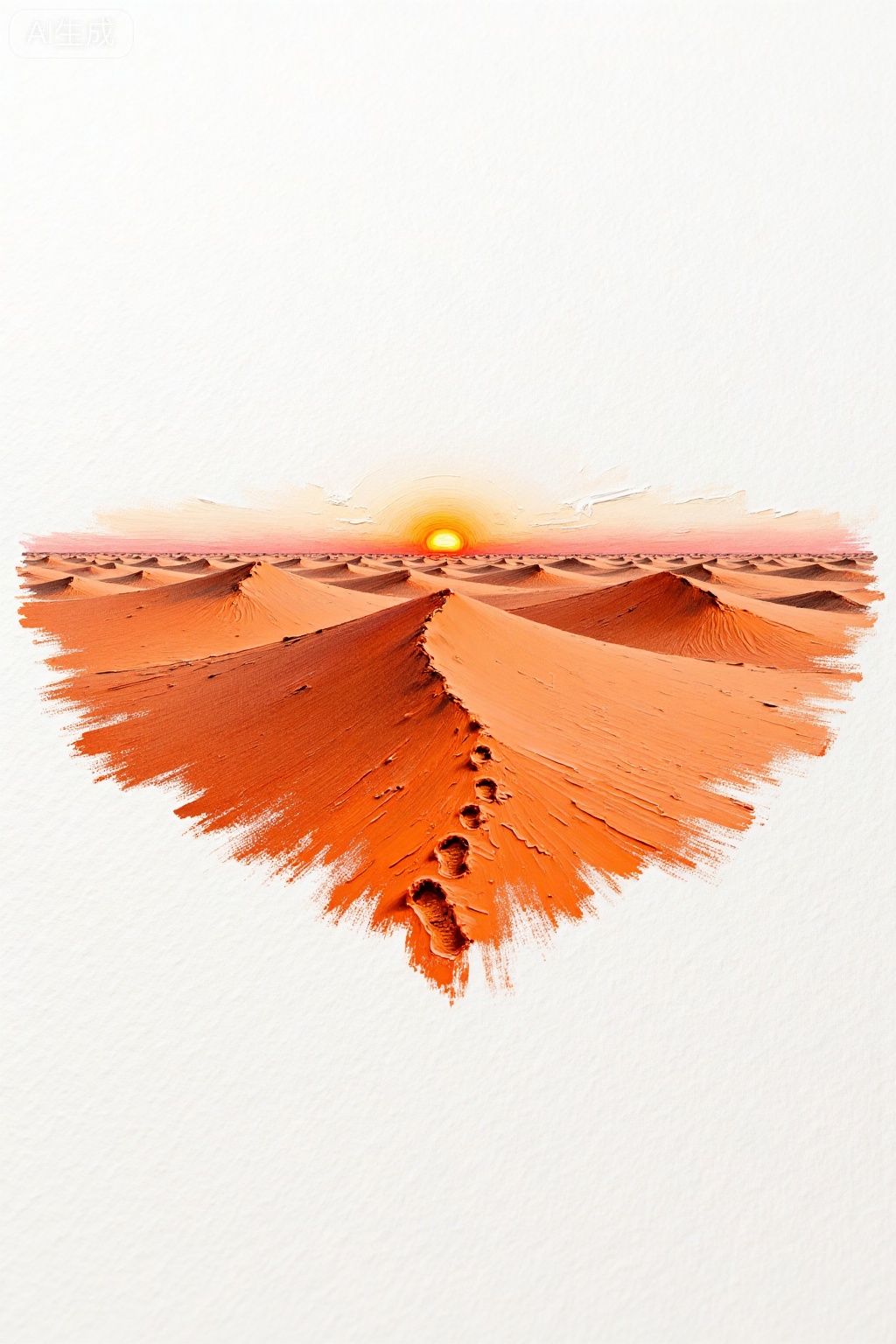 Oil painting style, 3D, micro landscape, thick coating, different thicknesses create a three-dimensional sense, a touch of orange in the center of the oblique composition, on orange (rolling sand dunes in the desert, rough texture style, medium-scene horizontal view, vast sand sea dyed red by the sunset, half hot and half lonely, desert landscape photography, 8K resolution, charcoal sketch art, footprints on the dunes of immersive art), minimalist top view, large area of ​​white, white textured paper background.