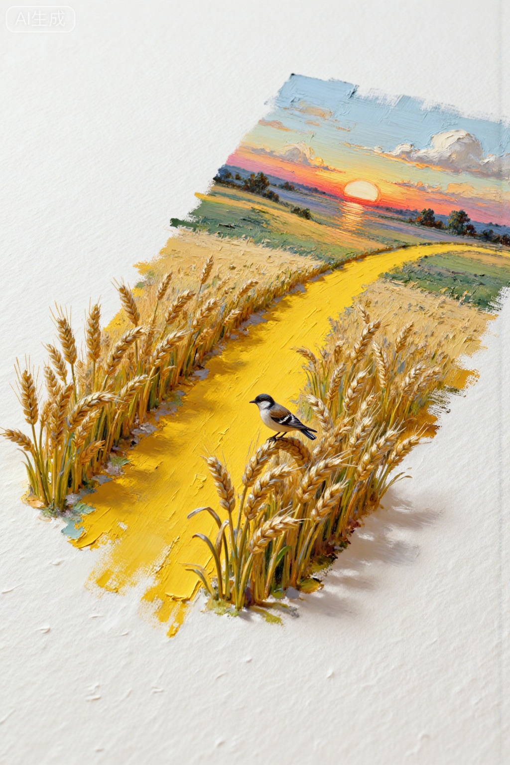Oil painting style, 3D, micro landscape, thick coating, different thicknesses create a three-dimensional sense, a touch of yellow in the center of the oblique composition, on yellow (the wheat waves undulating in the wheat fields, the texture of film film, the long-distance shooting, the field scenery under the afterglow of the sunset, half harvest and half romantic, rural landscape photography, 5K resolution, oil painting stick painting art, experiential artwork spar perched on wheat ears), minimalist top view, large area of ​​white, white textured paper background.