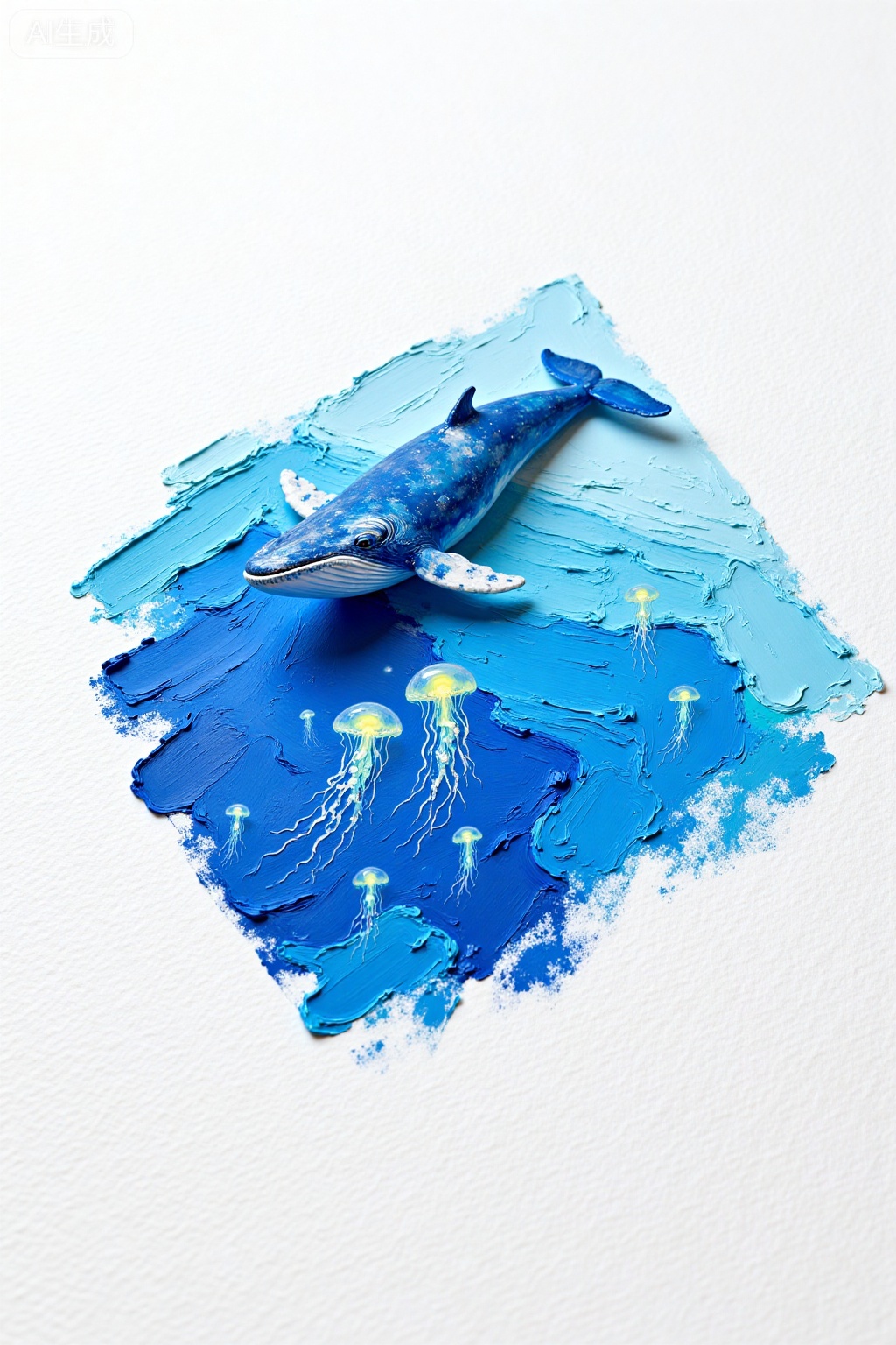 Oil painting style, 3D, micro landscape, thick coating, different thicknesses create a three-dimensional sense, a touch of blue in the center of the oblique composition, on blue (surreal deep sea breeze, sperm whale is expressed in translucent thin coating (ultra-blue blue and titanium dioxide superimposed), luminous jellyfish (thickly coated fluorescent pigment), the background is thickly coated with scraper to express the deep sea pressure, the white space simulates the unexplored dark area, 8K resolution presents whale skin texture, light and shadow junction, optical color tuning style, bird's eye view, rainbow gradient sea level, half sea water and half oil painting, National Geographic Photo, 8K resolution, crayon smear art, interactive artwork sunset in the clouds), minimalist top view, large area of ​​white space, white textured paper background.