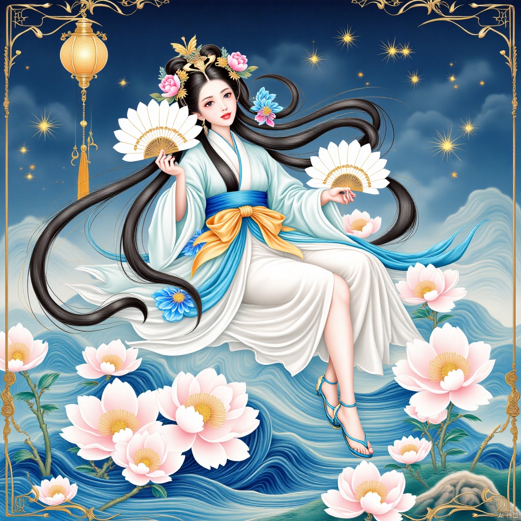 masterpiece,best quality,high quality,(colorful),[Artist miwano rag],[Artist toosaka asagi],[[[Artist wlop]]],[Artist chen bin],Artist Miv4t,1girl, solo, long hair, black hair, hair ornament, dress, sky, hair flower, sash, night, chinese clothes, star \(sky\), night sky, hand fan, lantern, holding fan, paper fan, hanfu,water,lying in the water,(fireflies),bamboo,tree,white theme