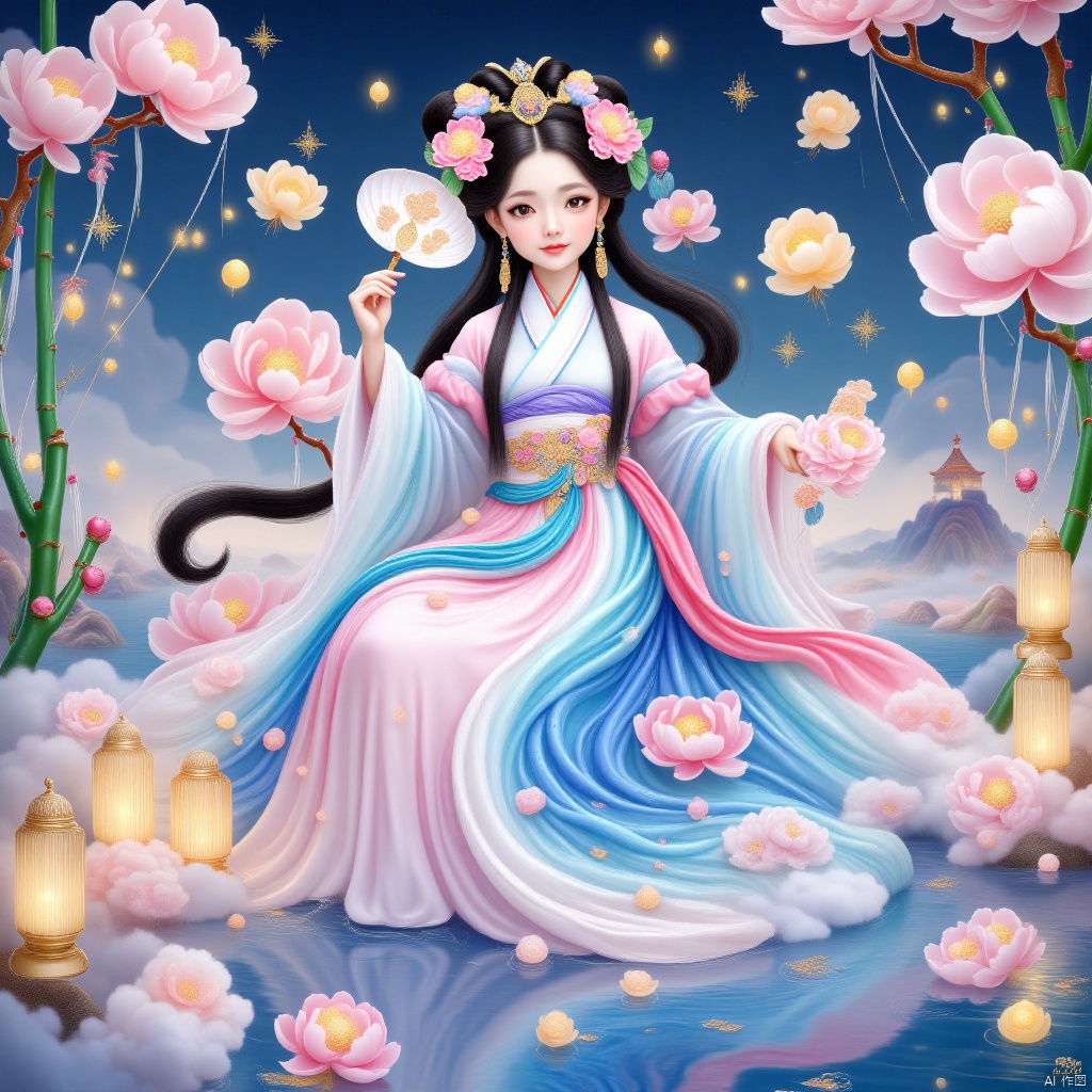 masterpiece,best quality,high quality,(colorful),[Artist miwano rag],[Artist toosaka asagi],[[[Artist wlop]]],[Artist chen bin],Artist Miv4t,1girl, solo, long hair, black hair, hair ornament, dress, sky, hair flower, sash, night, chinese clothes, star \(sky\), night sky, hand fan, lantern, holding fan, paper fan, hanfu,water,lying in the water,(fireflies),bamboo,tree,white theme