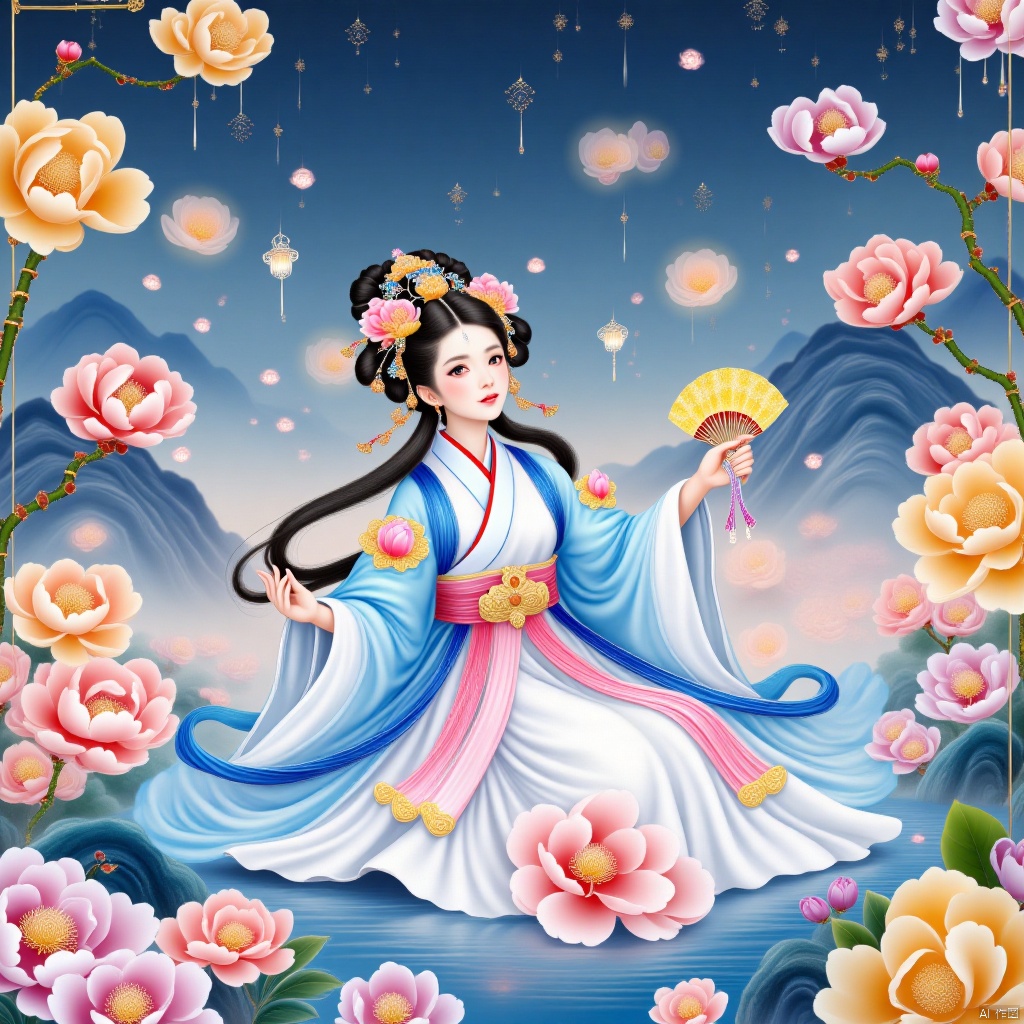 masterpiece,best quality,high quality,(colorful),[Artist miwano rag],[Artist toosaka asagi],[[[Artist wlop]]],[Artist chen bin],Artist Miv4t,1girl, solo, long hair, black hair, hair ornament, dress, sky, hair flower, sash, night, chinese clothes, star \(sky\), night sky, hand fan, lantern, holding fan, paper fan, hanfu,water,lying in the water,(fireflies),bamboo,tree,white theme