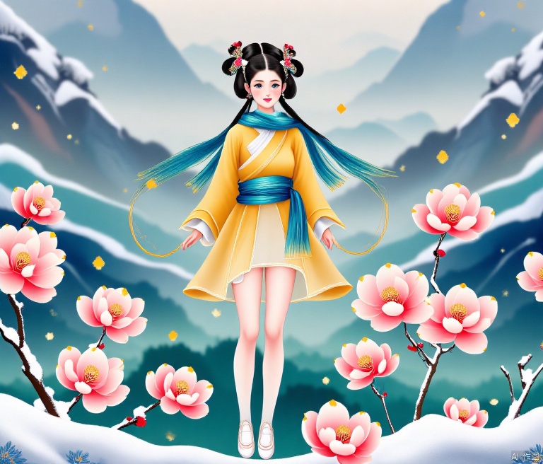  masterpiece, best quality, official art, model sheet, concept art, Large aperture, blurry background,(Perfect female body:1.2),(dark theme:1.3),(natural Skin texture, high clarity) ,
1 girl,Transparent skirt,pink face,stockings,(snow:1.2),(snowing:1.2),peach blossom,snow,solo,scarf,black hair,long hair,bokeh,realistic,long coat,blurry, captivating gaze, embellished clothing, natural light, shallow depth of field, romantic setting, dreamy pastel color palette, whimsical details, captured on film,. (Original Photo, Best Quality), (Realistic, Photorealistic: 1.3), Clean, Masterpiece, Fine Detail, Masterpiece, Ultra Detailed, High Resolution, (Best Illustration), (Best Shadows), Complex, Bright light, modern clothing, (pastoral: 1.3), smiling,standing,(very very short skirt:1.5),knee socks,(white shoes: 1.4),long legs, forest, grassland,(view: 1.3), 21yo girl, striped, wangyushan, capricornus,  light master,police,pencil_skirt,yellow_dress
,g010, , g010,春节