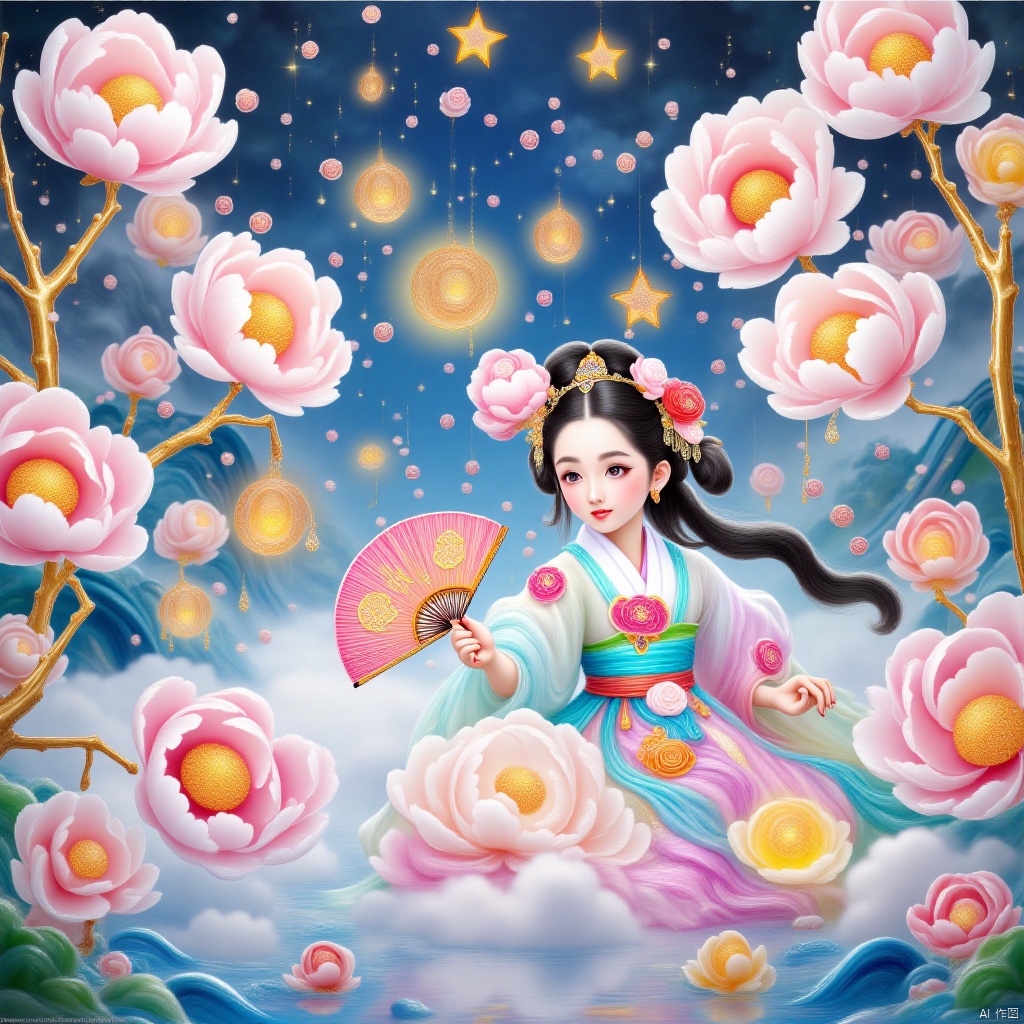 masterpiece,best quality,high quality,(colorful),[Artist miwano rag],[Artist toosaka asagi],[[[Artist wlop]]],[Artist chen bin],Artist Miv4t,1girl, solo, long hair, black hair, hair ornament, dress, sky, hair flower, sash, night, chinese clothes, star \(sky\), night sky, hand fan, lantern, holding fan, paper fan, hanfu,water,lying in the water,(fireflies),bamboo,tree,white theme