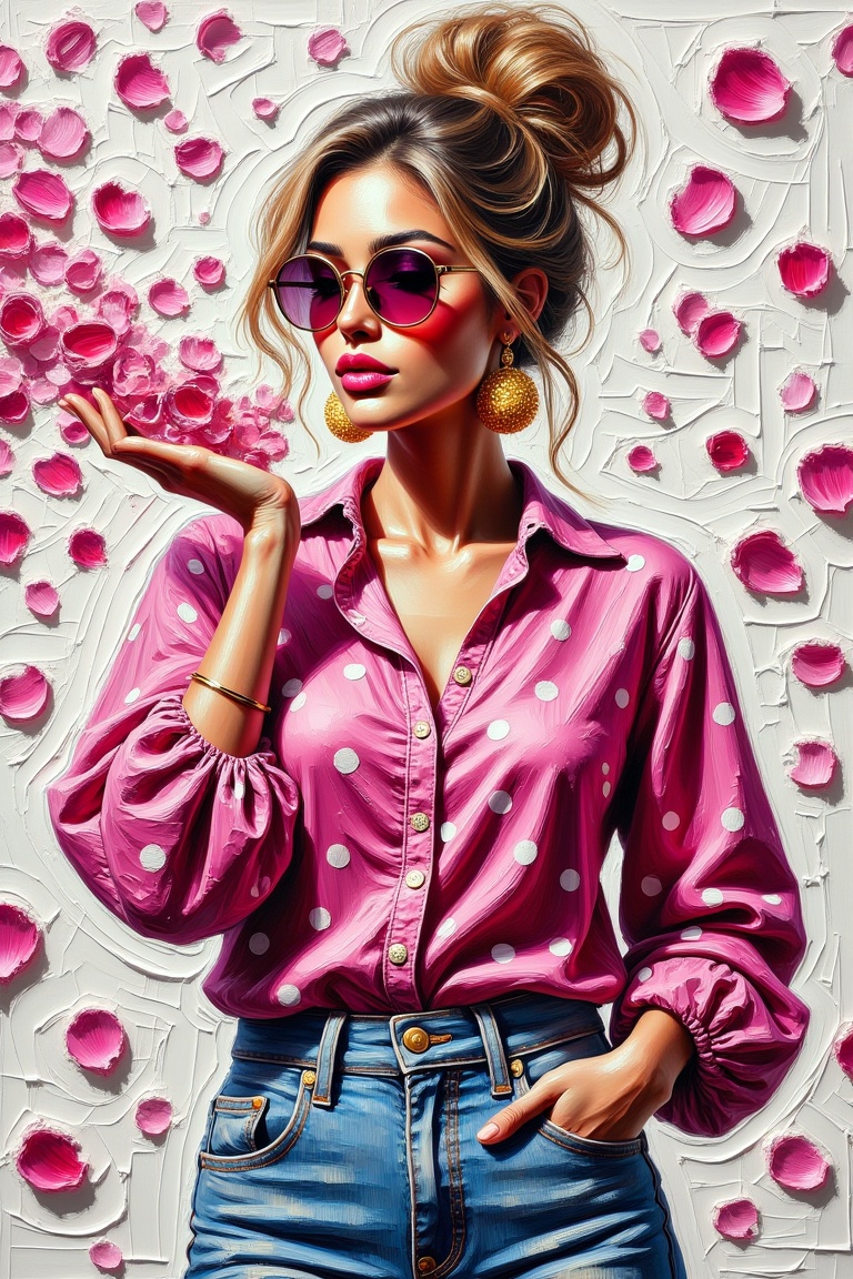 Create a textured painting using impasto and thick brushstrokes to depict a stylized illustration of a woman with large ro...