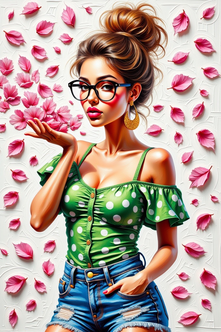 Create a textured painting with heavy impasto and thick brushstrokes. Depict a stylized illustration of a woman with large...