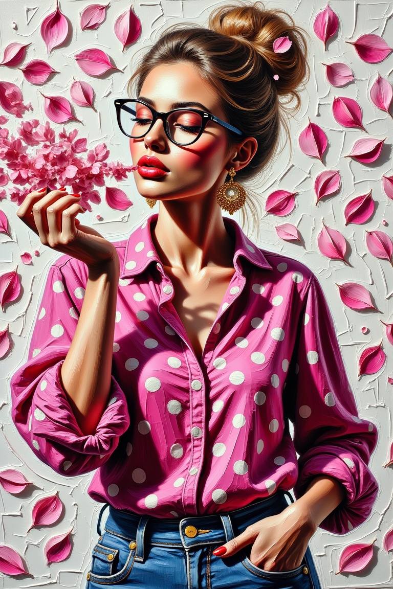Create a textured painting using impasto and thick brushstrokes to depict a stylized illustration of a woman with large ro...
