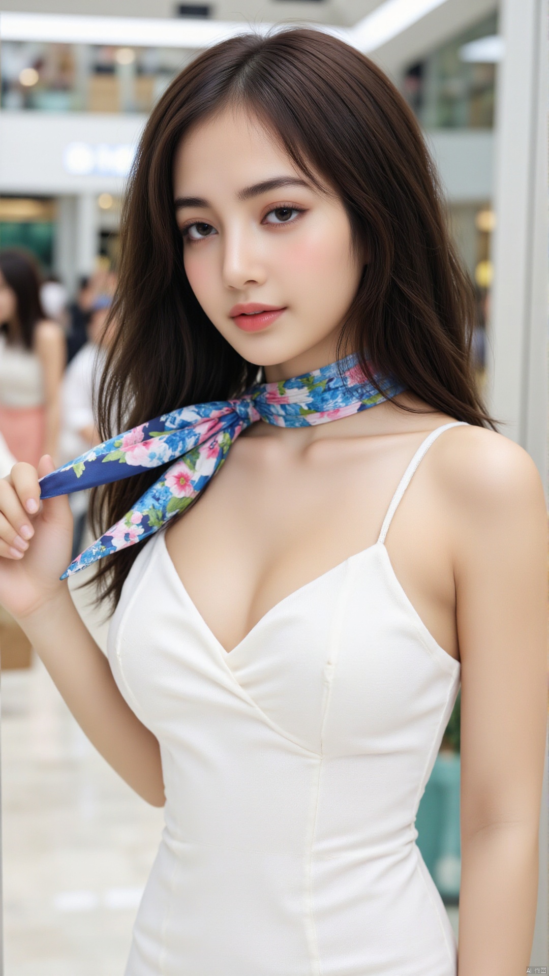 A Chinese beauty with long, flowing, pitch-black and lustrous hair, had a colorful and elegantly textured silk scarf draped around her neck, adding a touch of tenderness and charm to her attire. She was wearing a simple white, luxurious sleeveless dress, her figure slim and her skin fair as snow. Standing in an upscale shopping mall in Seoul, she fully displayed the elegance and style of a modern urban woman.,Lisa