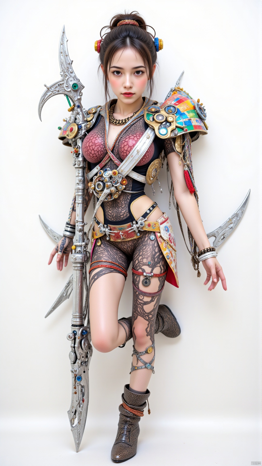 Character: Sophie Wilkins, traditional Chinese door god, holding a weapon and wearing colorful armor, body composed of different mechanical parts, whole body frosted, mechanical punk style, circuit style, precision machinery composition. Environment: White background. Atmosphere: Futurism, with video feedback loops, futuristic installations, multi-layered translucency, industrial machine aesthetics, Chinese folk art style, reflecting the classical beauty of the Tang Dynasty, surrealism. Quality: 8K, CG realism style, full of technical sense of 3D rendering, high resolution, high details, high quality, masterpiece, best quality. best quality,masterpiece