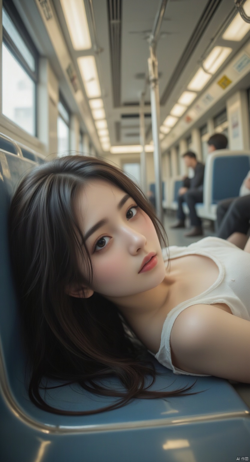 A serene Japanese beauty reclines effortlessly along the central aisle of a bustling subway carriage, her long dark hair splayed out like a waterfall across the polished metal floor. Soft afternoon sunlight filters through the windows, casting a warm glow on her tranquil face and the gentle slope of her shoulders as she gazes thoughtfully into the distance.