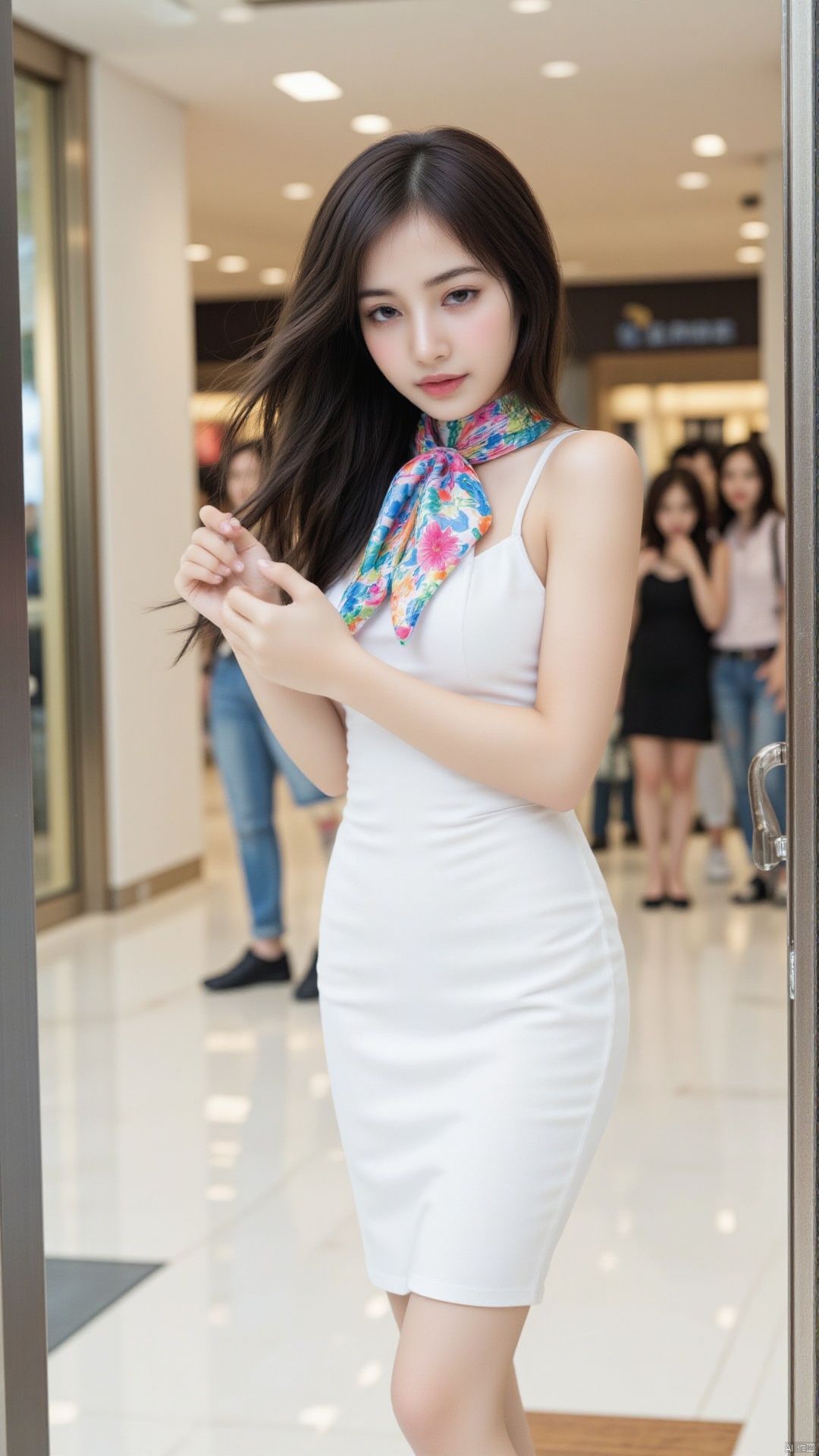 A Chinese beauty with long, flowing, pitch-black and lustrous hair, had a colorful and elegantly textured silk scarf draped around her neck, adding a touch of tenderness and charm to her attire. She was wearing a simple white, luxurious sleeveless dress, her figure slim and her skin fair as snow. Standing in an upscale shopping mall in Seoul, she fully displayed the elegance and style of a modern urban woman.,Lisa