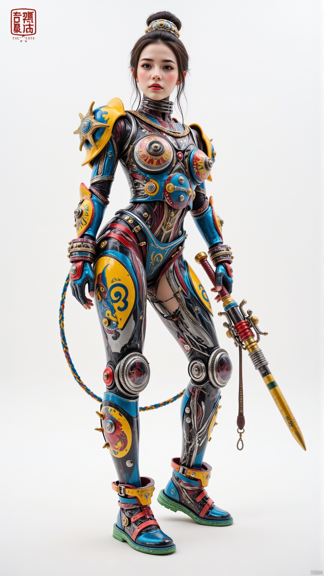Character: Sophie Wilkins, traditional Chinese door god, holding a weapon and wearing colorful armor, body composed of different mechanical parts, whole body frosted, mechanical punk style, circuit style, precision machinery composition. Environment: White background. Atmosphere: Futurism, with video feedback loops, futuristic installations, multi-layered translucency, industrial machine aesthetics, Chinese folk art style, reflecting the classical beauty of the Tang Dynasty, surrealism. Quality: 8K, CG realism style, full of technical sense of 3D rendering, high resolution, high details, high quality, masterpiece, best quality. best quality,masterpiece