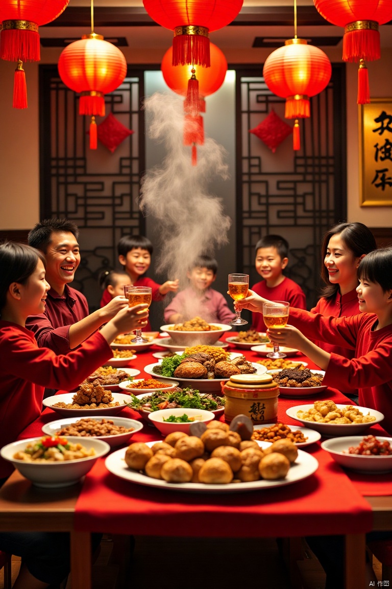A festive Chinese New Year family banquet scene, set in a warmly lit traditional dining room with red lanterns and gold decorations adorning the walls. The table is laden with an array of traditional dishes, steaming hot and richly colored, surrounded by a family dressed in their holiday best, smiling and clinking glasses in celebration. The composition captures the intimate moment of joy, with the family seated around the table, framed by the vibrant decor and warm lighting, creating a sense of warmth and togetherness.