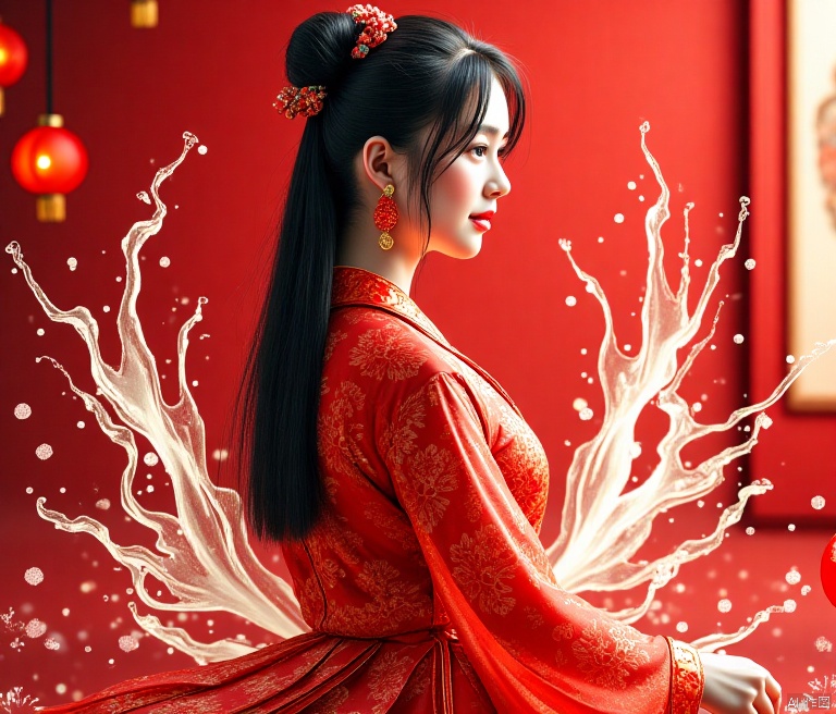  masterpiece, best quality, highly detailed, (photorealistic:1.4), (upper body shot), (upper body view), 1girl,red hanfu, (clothing out of ultra-thin transparent invisible fabric:0.7),26 year old girl,mature *****,earrings,best quality,(photorealistic),transparent,the details are sharp yet possess an organic quality,and there's a subtle grain that adds a layer of depth and authenticity. (masterpiece, top quality, best quality, beautiful and aesthetic:1.2),((upper body)),long hair,black hair,earrings,cute,extreme detailed,(abstract,fractal art),highest detailed,lightning,(water:1.2),(splash_art:1.2),jewelry:1.2,scenery,ink,white wedding dress,high heels, Miao clothing, hhfhb, daxiushan,春节