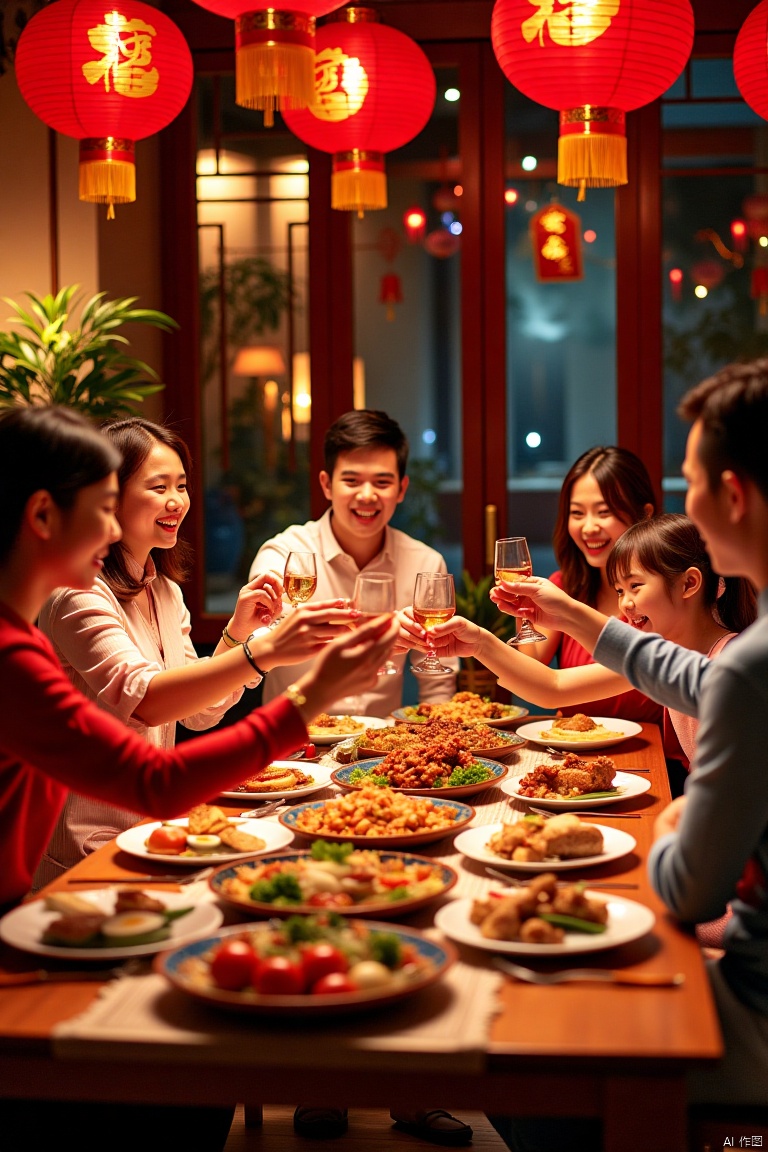 A festive Chinese New Year family banquet scene, set in a warmly lit traditional dining room with red lanterns and gold decorations adorning the walls. The table is laden with an array of traditional dishes, steaming hot and richly colored, surrounded by a family dressed in their holiday best, smiling and clinking glasses in celebration. The composition captures the intimate moment of joy, with the family seated around the table, framed by the vibrant decor and warm lighting, creating a sense of warmth and togetherness.