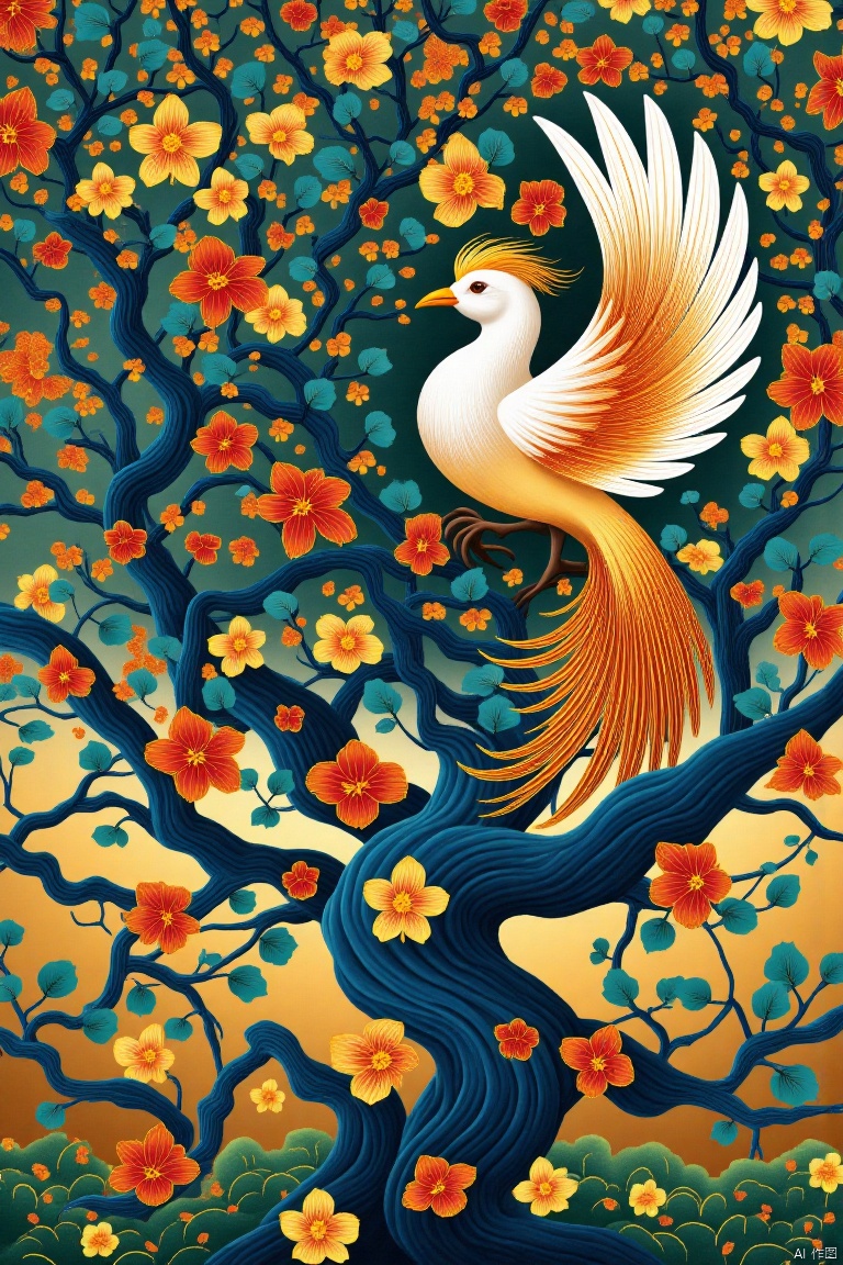 On the sycamore tree where a golden phoenix is ​​perched, a white bird looks toward the phoenix,春节
