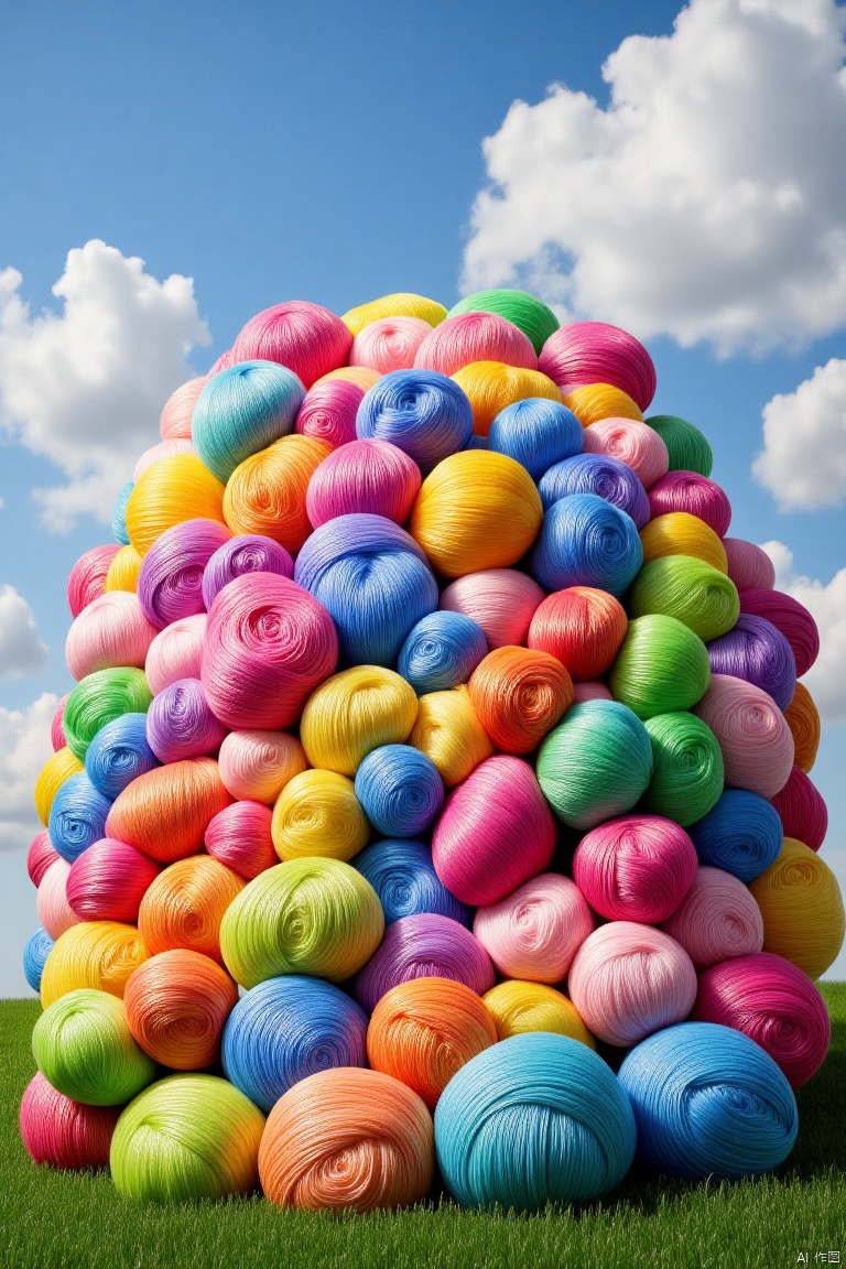hs,giant yarn ball,(Wool material:1.4),colorful wool,Outdoor,(floral:1.2),(grass:1.2),blue sky,white clouds,colorfulflowers,natural scenery,dreamy,materpiece,best quality,multicolored hair,(colorful:1.1),(in spring:1.1),park,(bright tones:1.2),(bright colors:1.2),(forest:1.2),no humans,architecture,white background,scenery,building,simple background,pagoda,stairs,