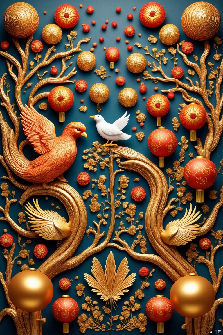 On the sycamore tree where a golden phoenix is ​​perched, a white bird looks toward the phoenix,春节