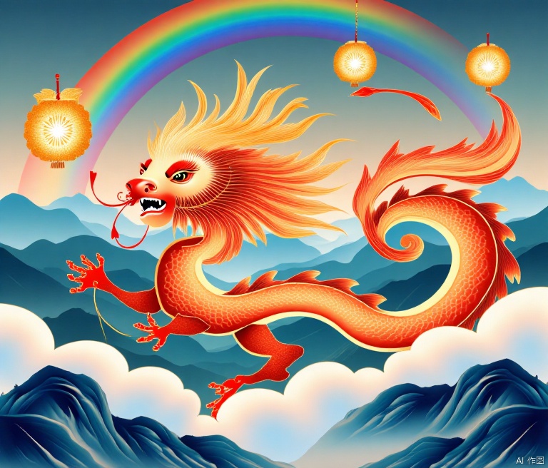 chinese dragon,glowing_eye,rainbow,sky,XCJL,春节