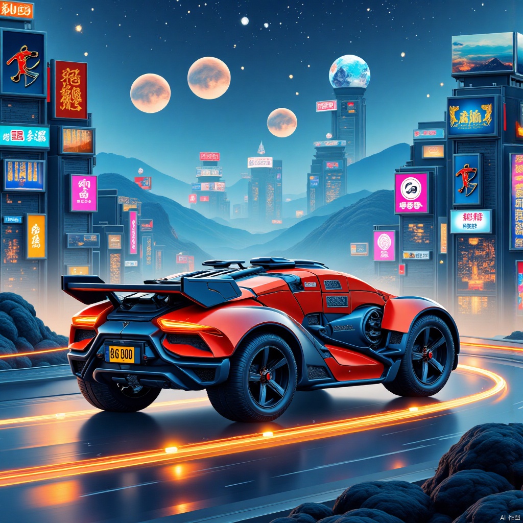 春节CGSci Fi City asw,car,ground vehicle,robot,motor vehicle,mecha,motor vehicle,science fiction, cityscape,road,city lights,neon lights, street,hologram, skyscraper,Background\(space landscape,exoplanet landscape,(mountain,river,planet,Starry sky,Milky Way,planetary belts,planetary rings):1.5,cloud,sky\),masterpiece,best quality,unreal engine 5 rendering,movie light,movie lens,movie special effects,detailed details,HDR,UHD,8K,CG wallpaper,