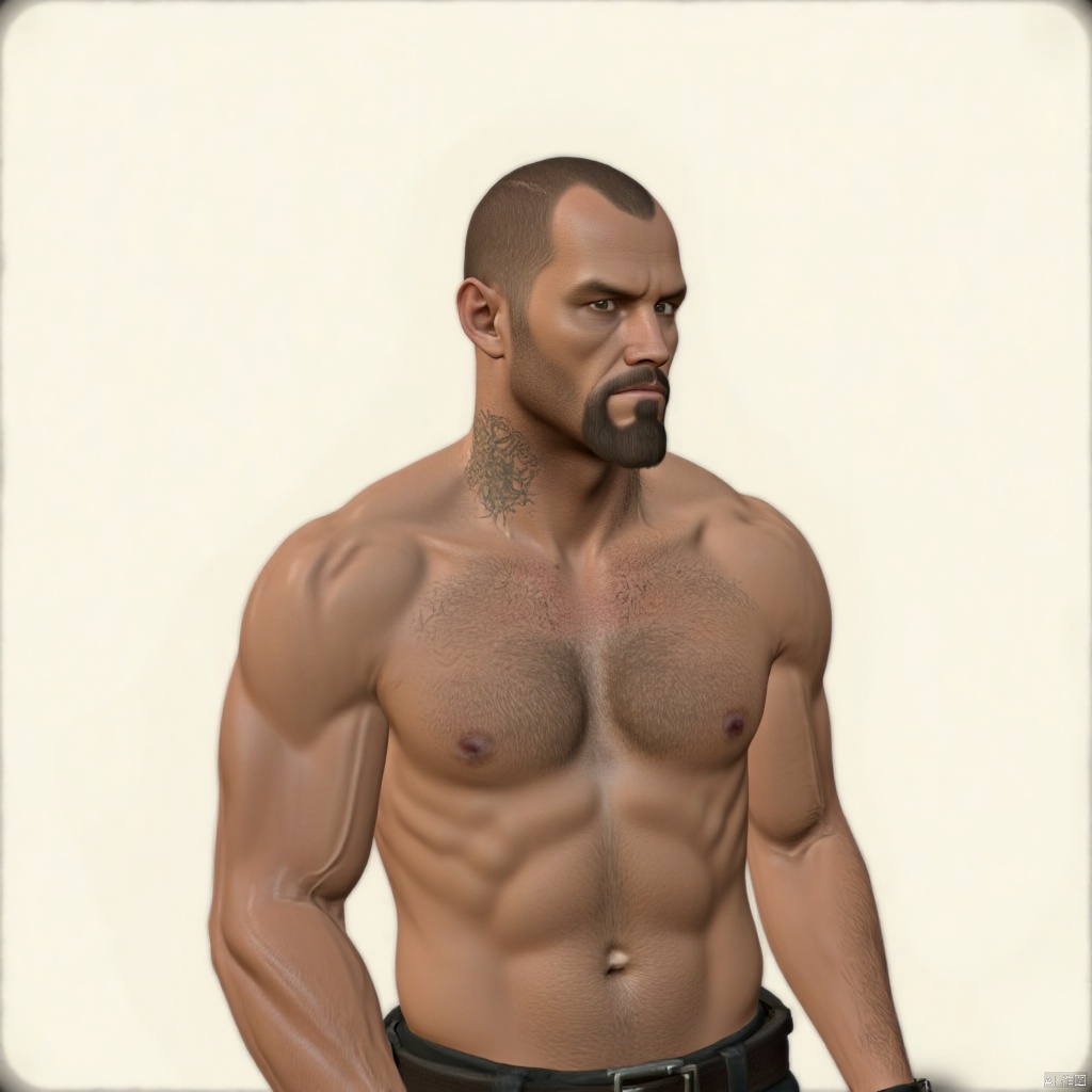 Francis,solo,simple background,1boy,navel,upper body,male focus,open clothes,sleeveless,muscular,facial hair,beard,bald,chest hair,3D
