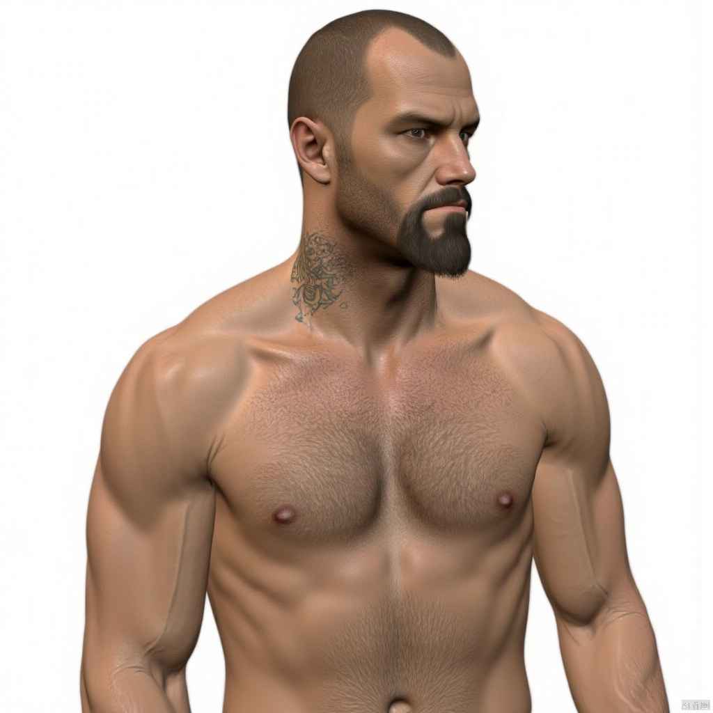 Francis,solo,simple background,1boy,navel,upper body,male focus,open clothes,sleeveless,muscular,facial hair,beard,bald,chest hair,3D
