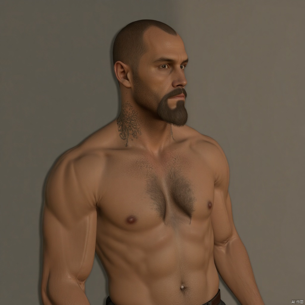 Francis,solo,simple background,1boy,navel,upper body,male focus,open clothes,sleeveless,muscular,facial hair,beard,bald,chest hair,3D
